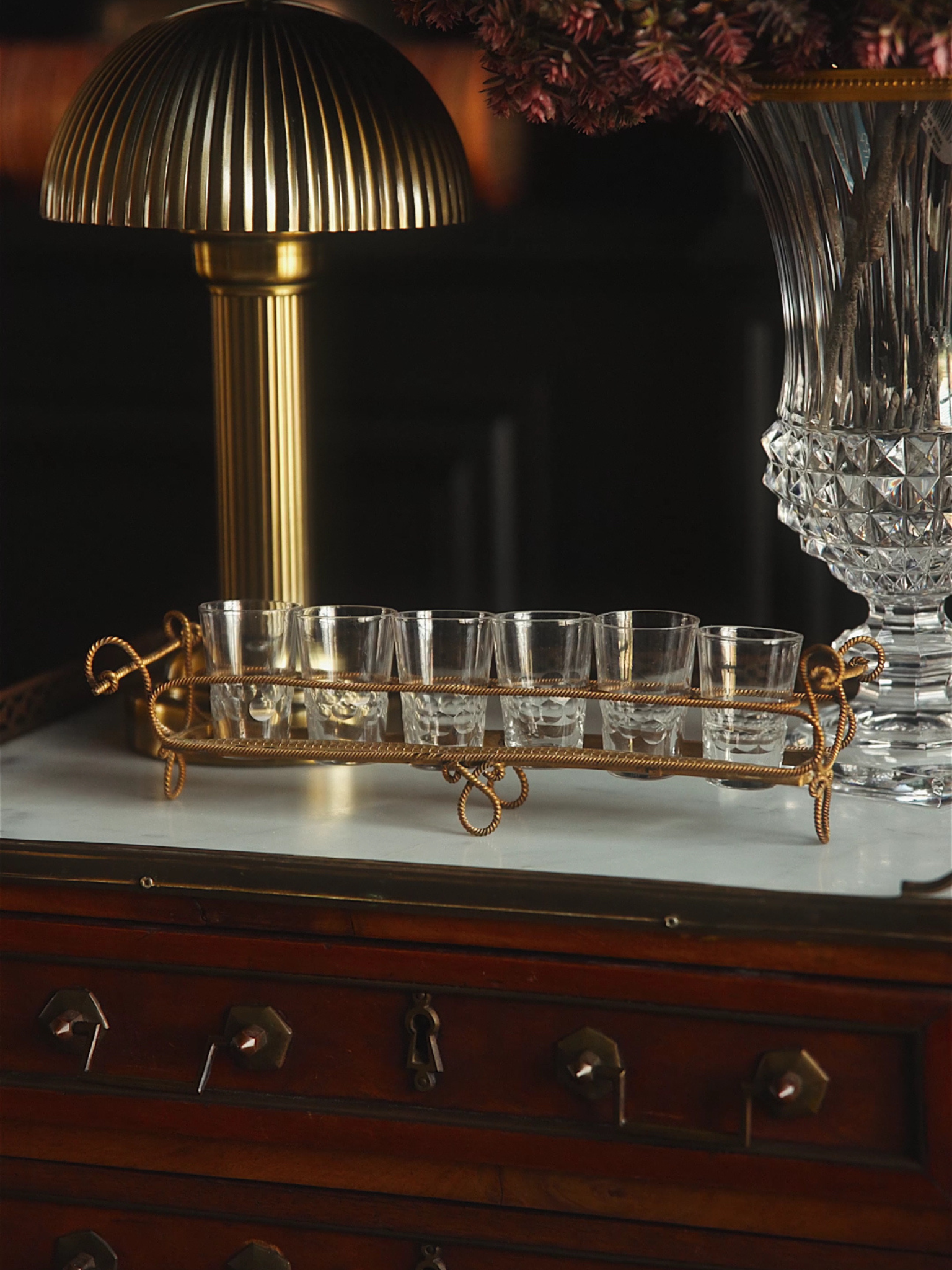 Set of Cordial Glasses with Gilt Wire Tray