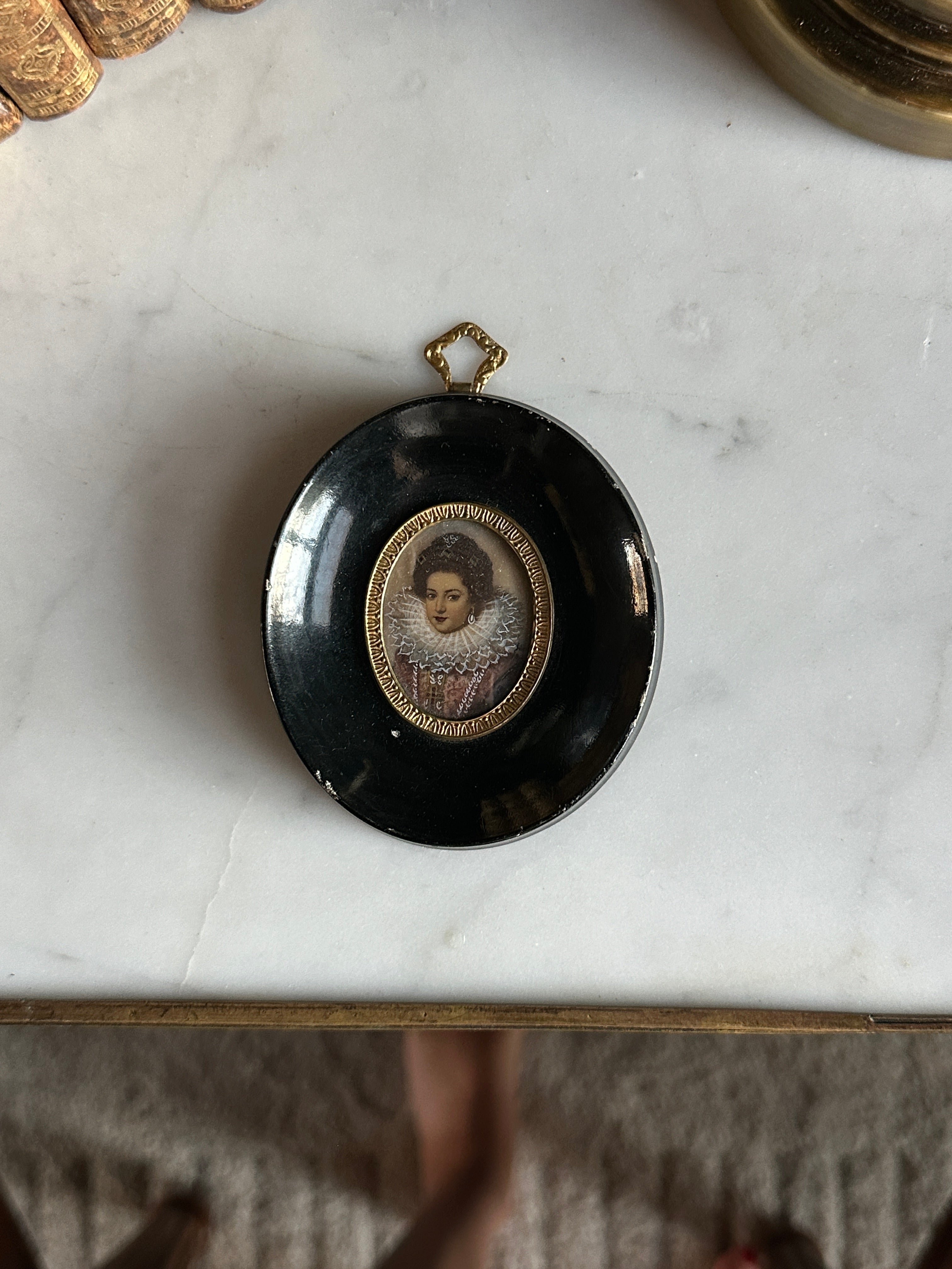 19th Century Hand Painted Miniature Portrait in Lacquered Frame