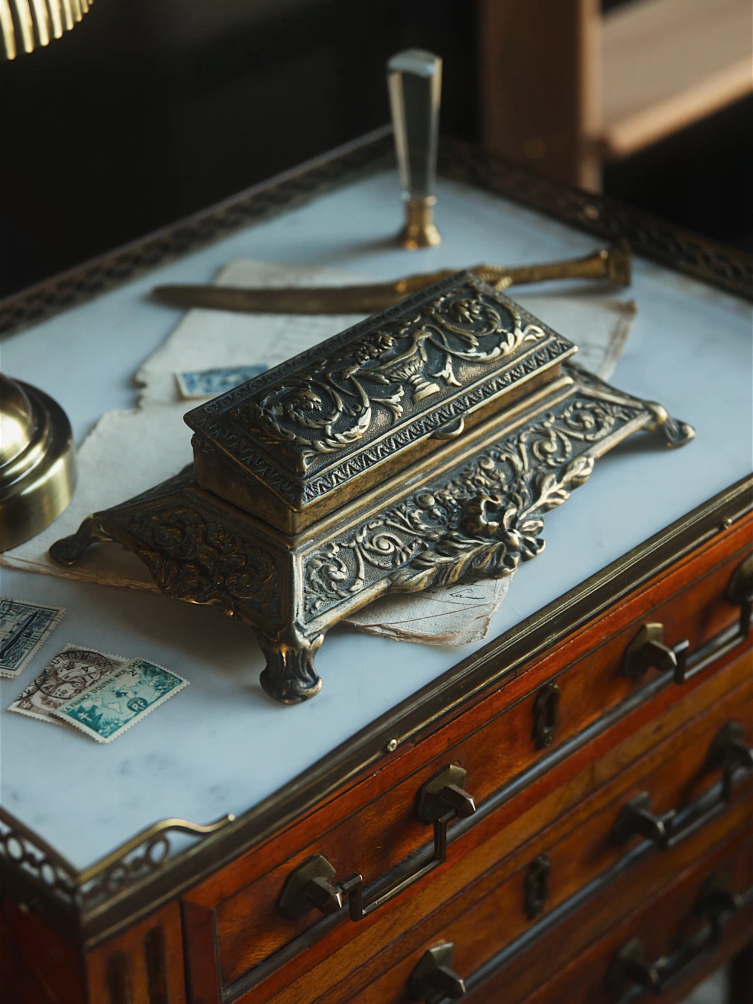Antique French Brass Stamp Box with Divided Compartments