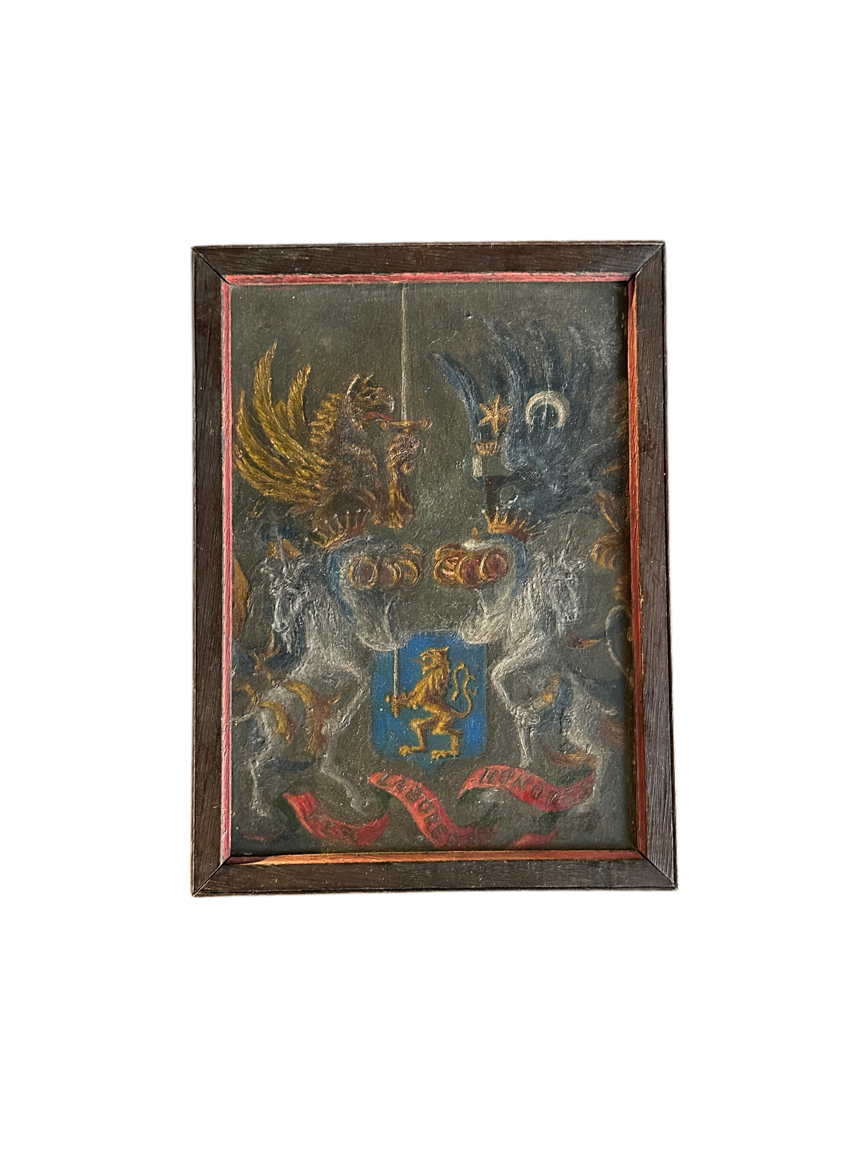 Antique Hand Painted Heraldic Wooden Crest in Frame