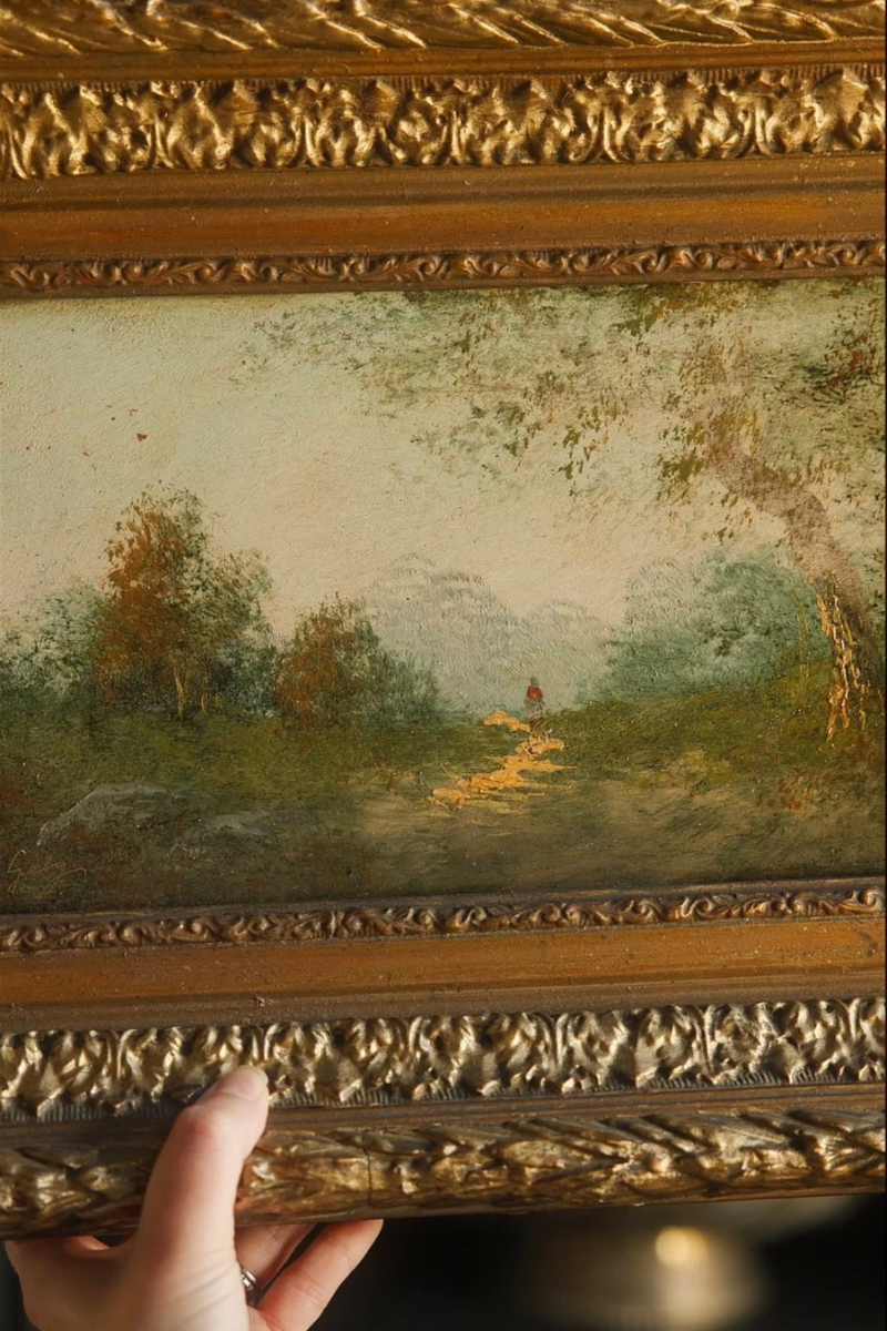 Late 19th C. Continental Landscape with Figure Oil on Board Depicting Wooded Path W/ Distant Figure | Housed In Period Gilt Frame