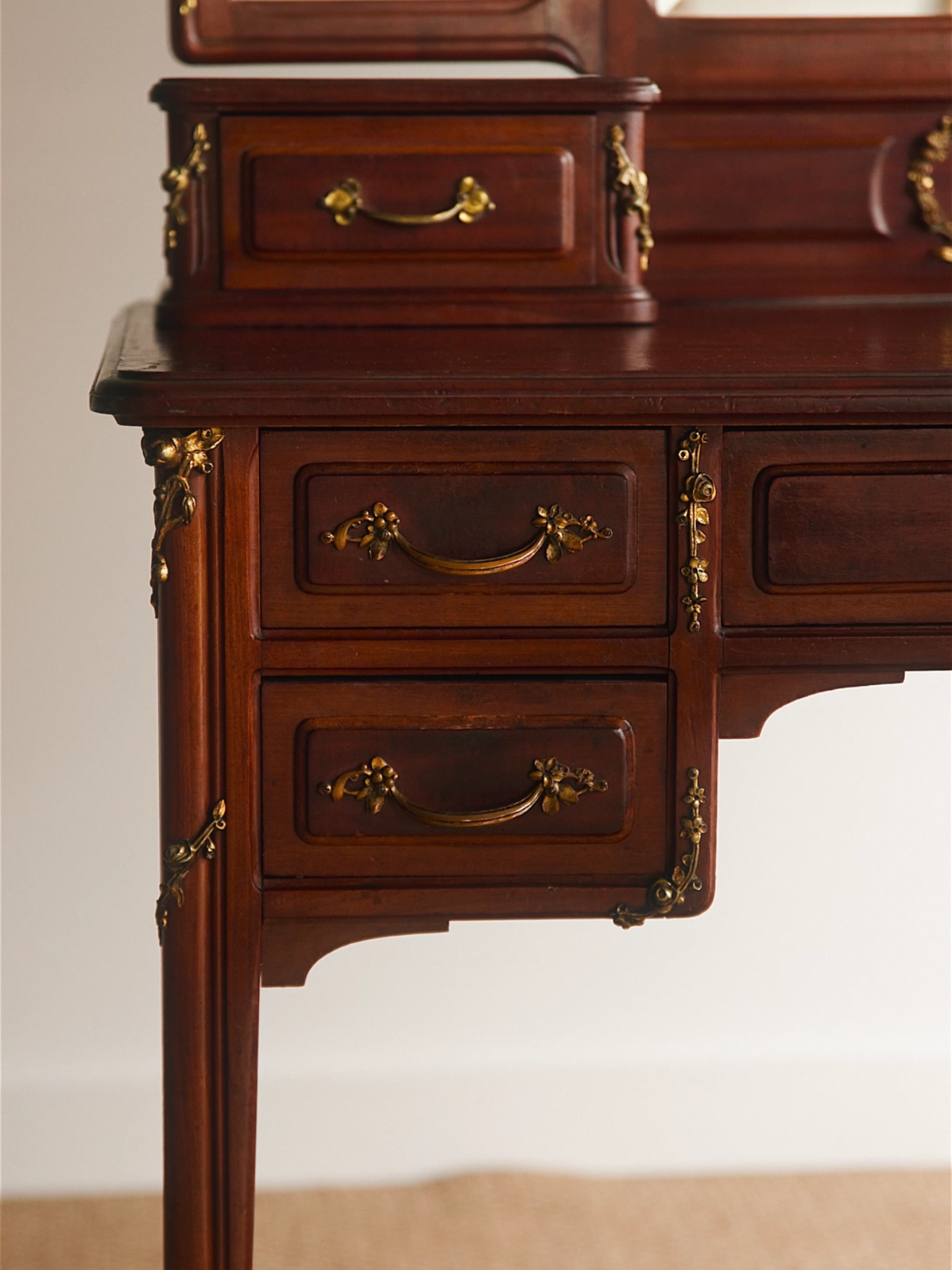 French Trifold Mirrored Vanity With Bronze Accents & Upholstered Chair