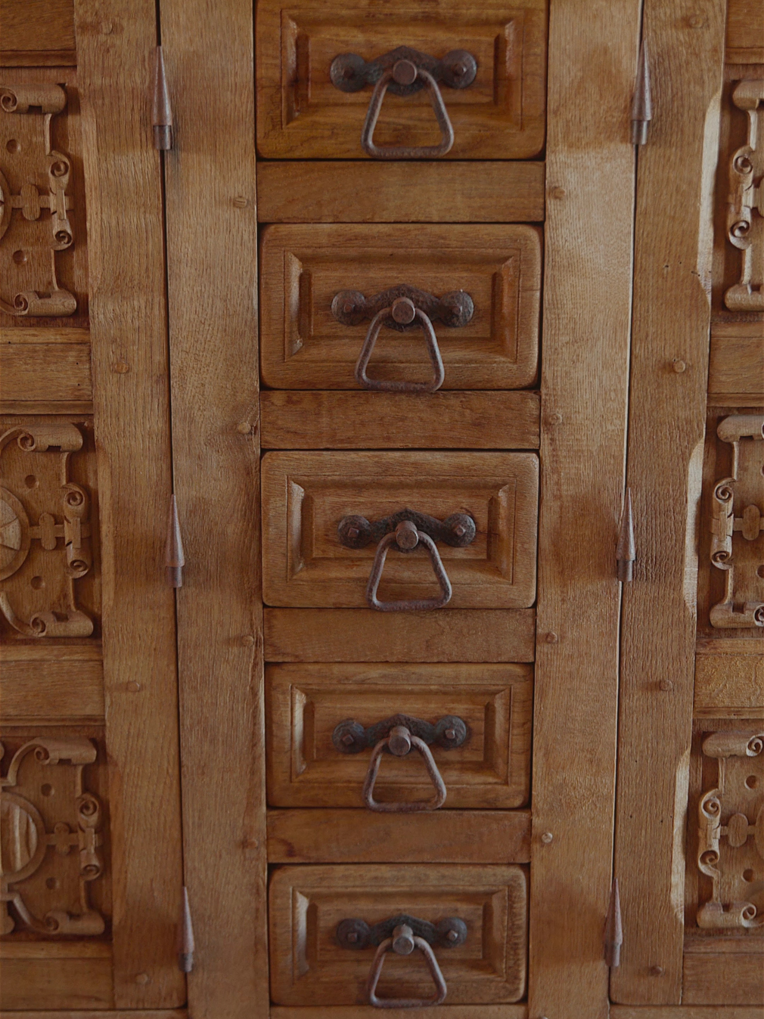 Spanish Renaissance Revival Carved Oak Sideboard with Original Key
