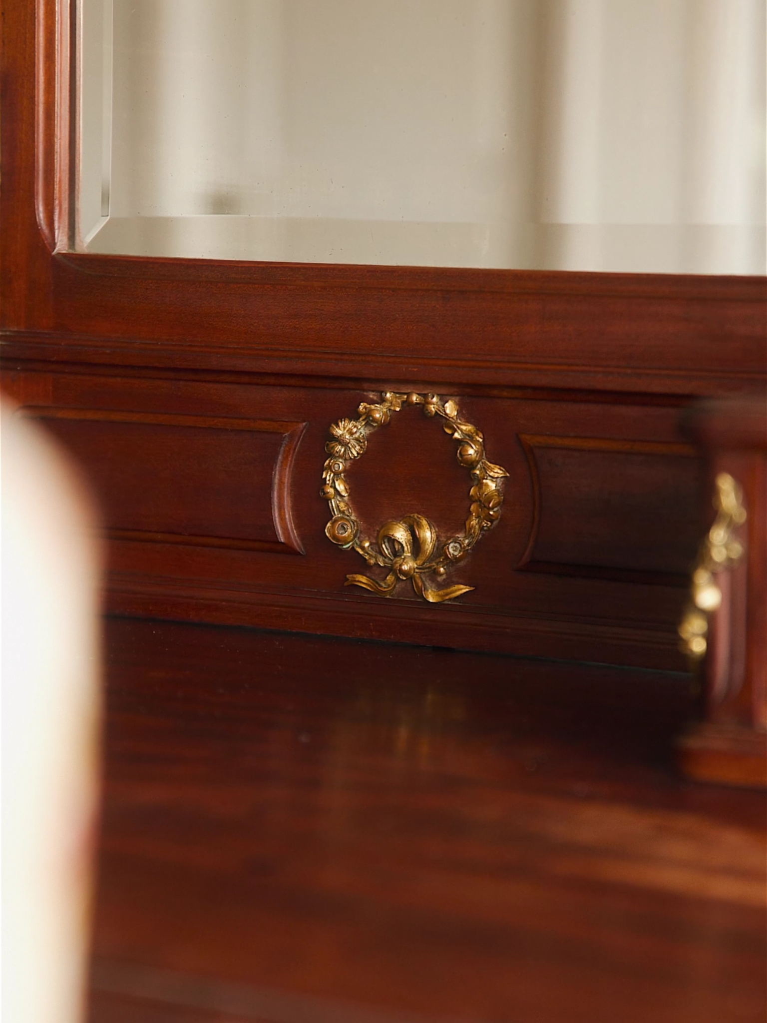 French Trifold Mirrored Vanity With Bronze Accents & Upholstered Chair