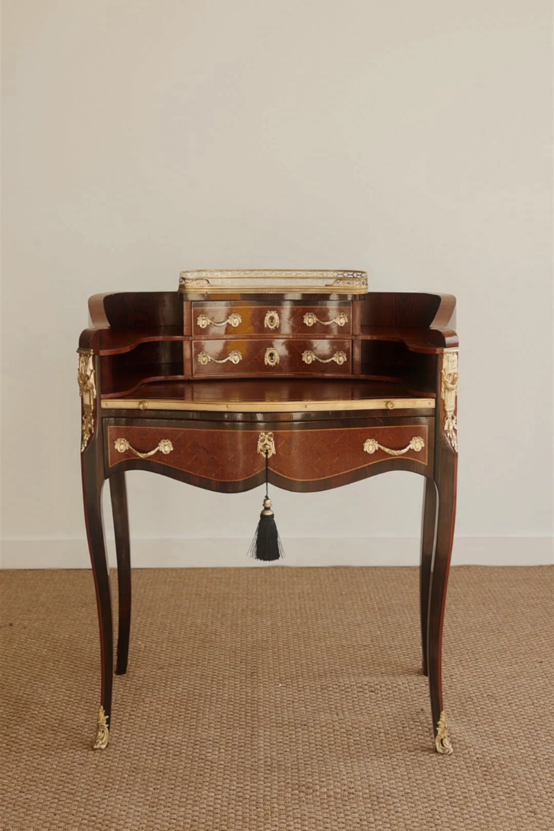 19th Century French Louis XV–Style Marquetry Writing Desk with Marble Gallery Top
