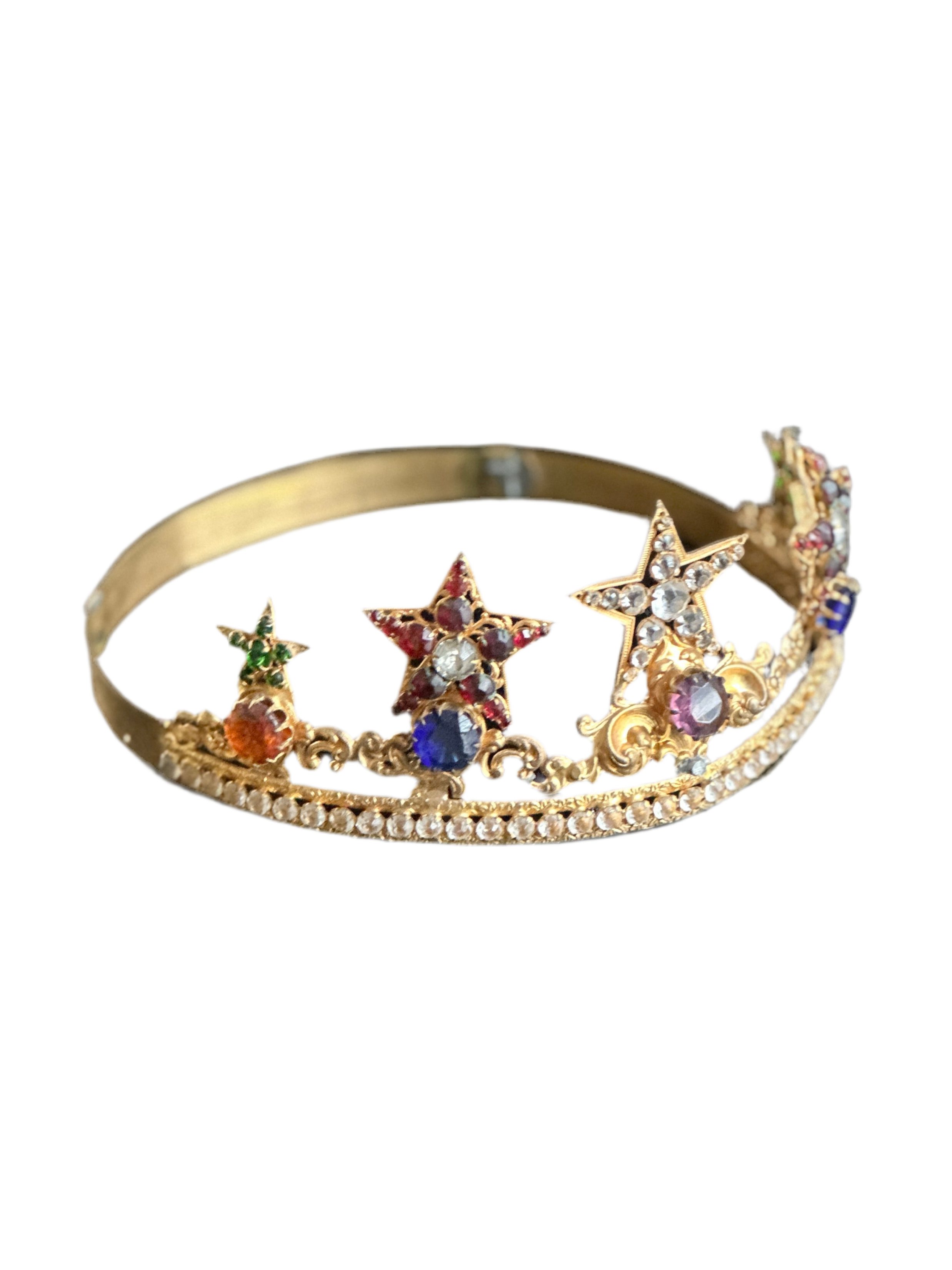 20th Century Antique Gilt Tiara With Star Motifs and Glass Jewels