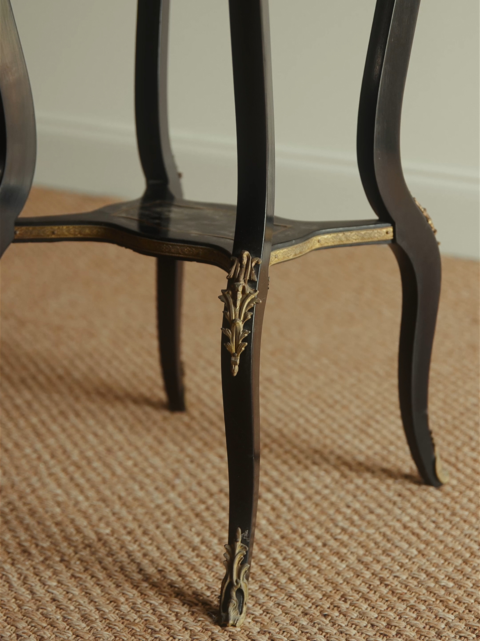 French Napoleon III Ebonized & Gilt Bronze Marquetry Jardinière Table with Original Green Liner