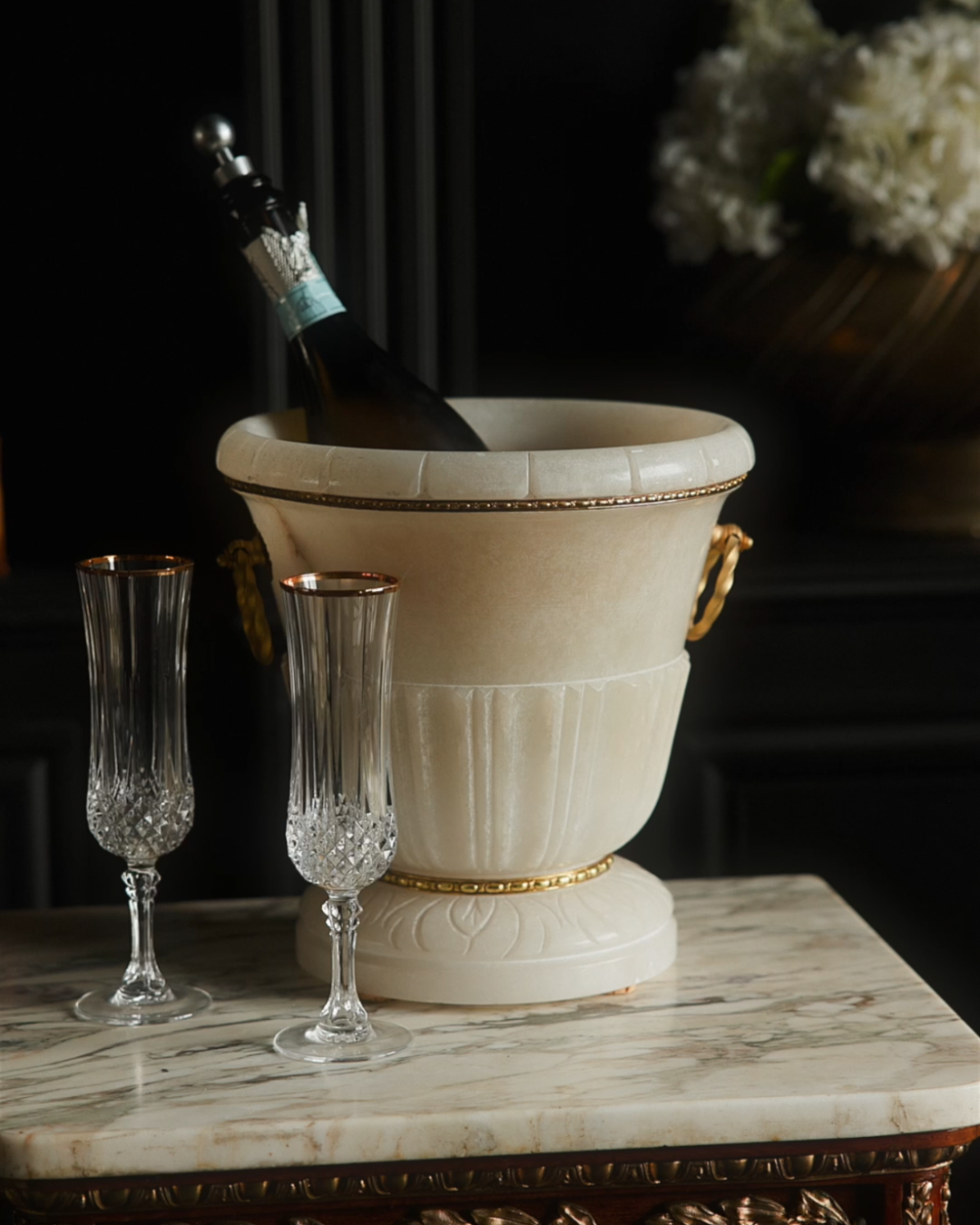 20th Century Alabaster Ice Bucket & Pedestal with Bronze Accents
