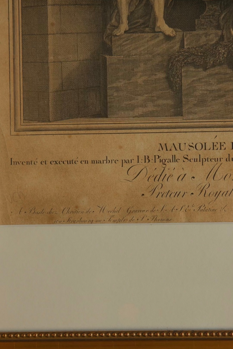 “Mausolée du Maréchal de Saxe” — Etching & Engraving by Christian de Mechel after Jean-Baptiste Pigalle’s Strasbourg Monument, Published in Basel, in a Gold-Finished Beaded Frame