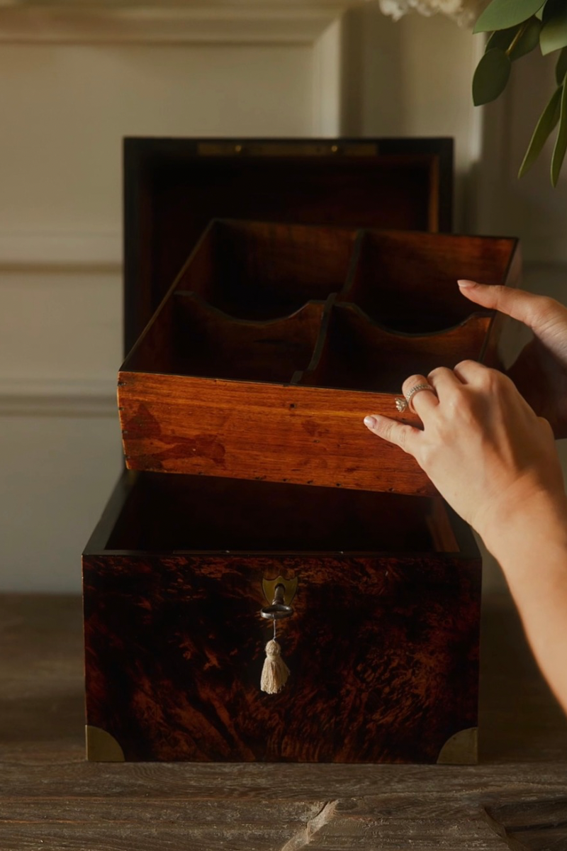 19th-Century Burl Wood Gentleman’s Dressing Box with Fitted Tray