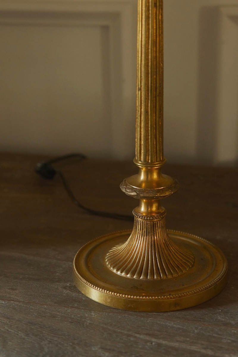Bronze French Column Lamp with Gold Silk Shade