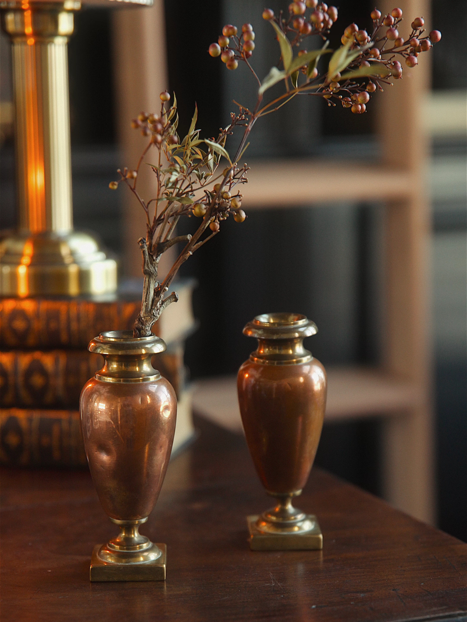 Pair of Late 19th-Century French Copper & Brass Miniature Urn Bud Vases