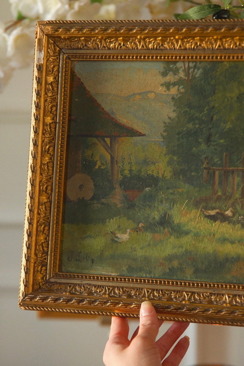 Signed Pastoral Landscape Oil Painting with Ducks by a Stream