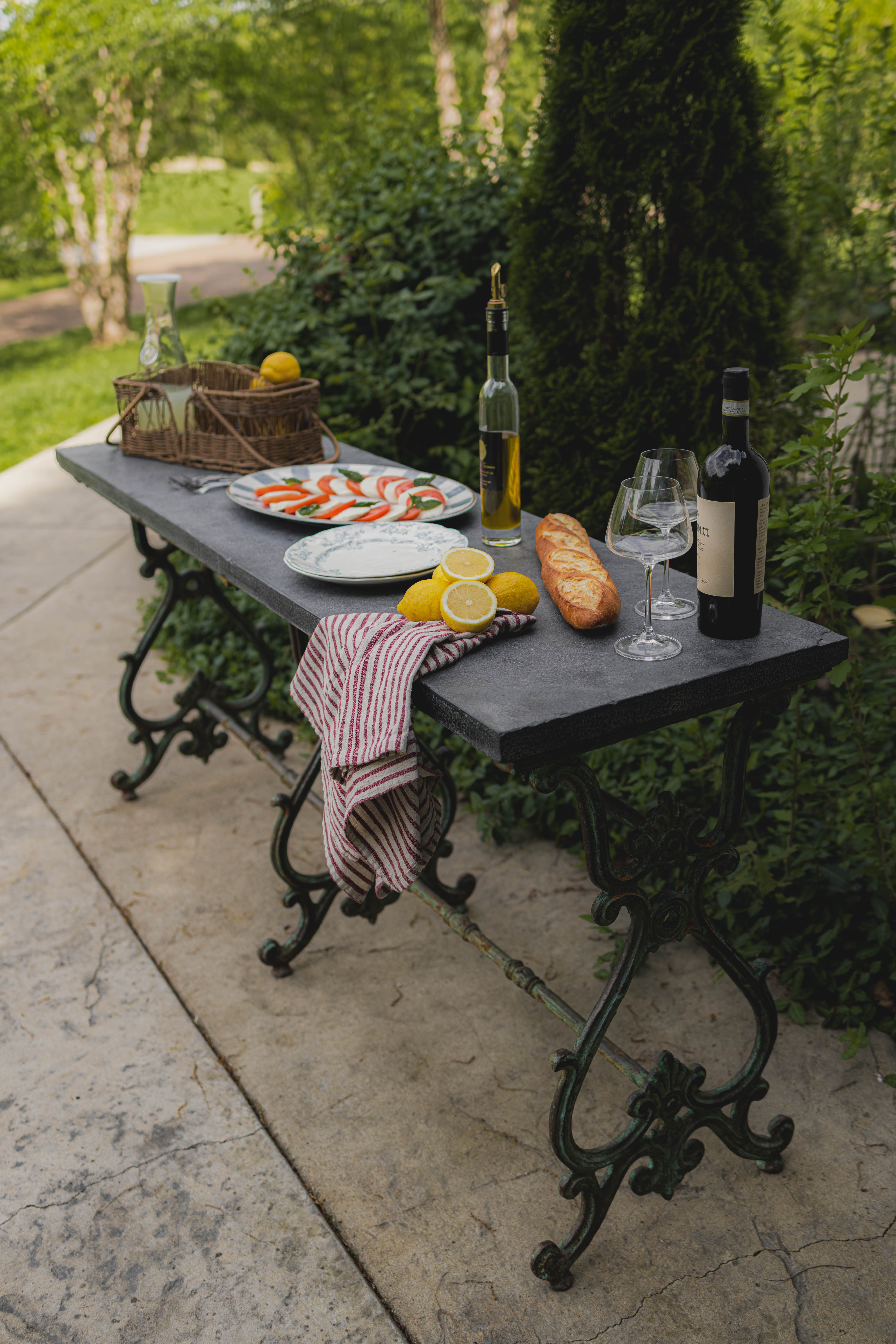 Antique Wrought Iron French Outdoor Console with Blue Stone Top