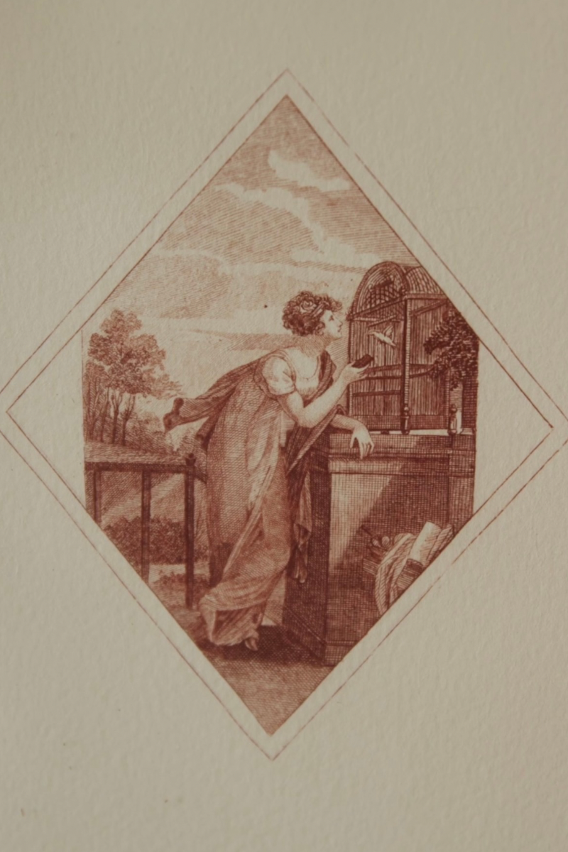Late 18th Century French Neoclassical Sanguine Engraving of a Maiden with Caged Bird