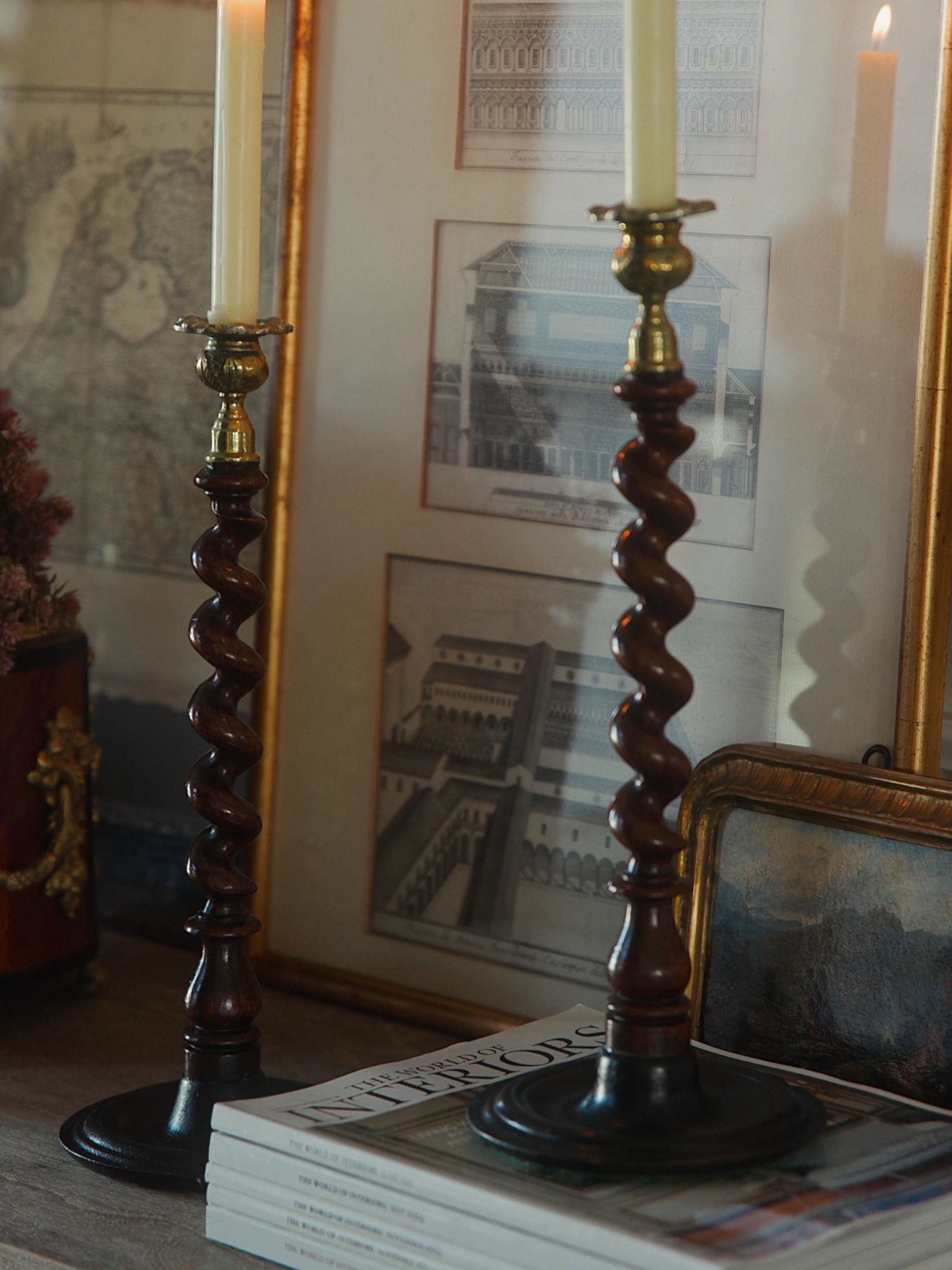 Pair of English Barley Twist Candlesticks in Carved Walnut with Ornate Brass Bobeches