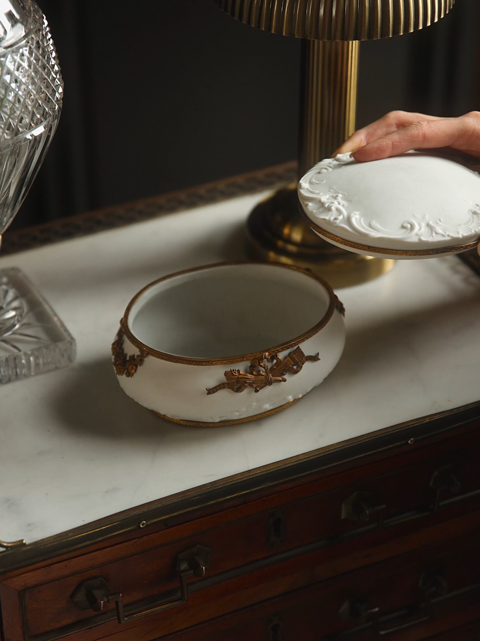 Antique 19th Century Porcelain Casket with Gilded Bronze Ribbon & Lyre Mounts