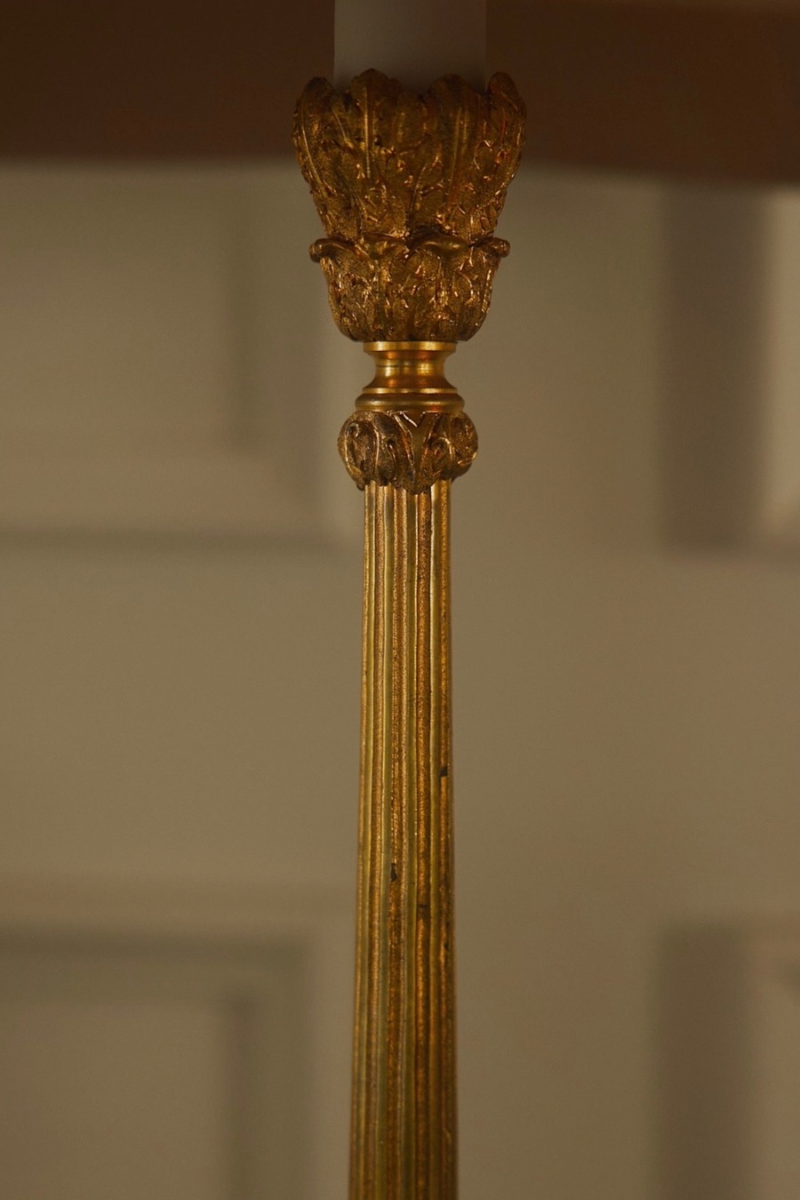 Bronze French Column Lamp with Gold Silk Shade