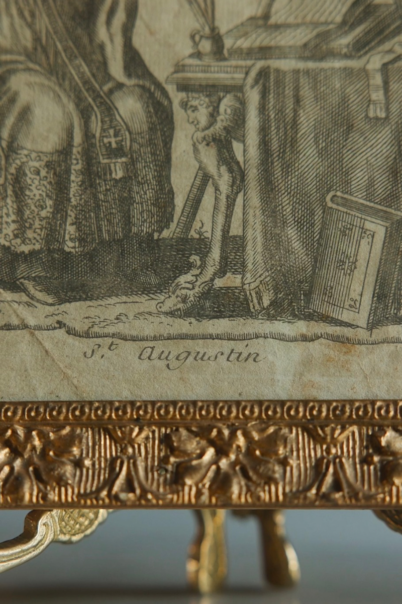 “Saint Augustin” — German Devotional Engraving Bearing Martin Engelbrecht’s Augsburg Publisher’s Imprint, with Flaming Heart, Bishop’s Crozier & Scholarly Books, in an Ornate Gold-Finished Frame