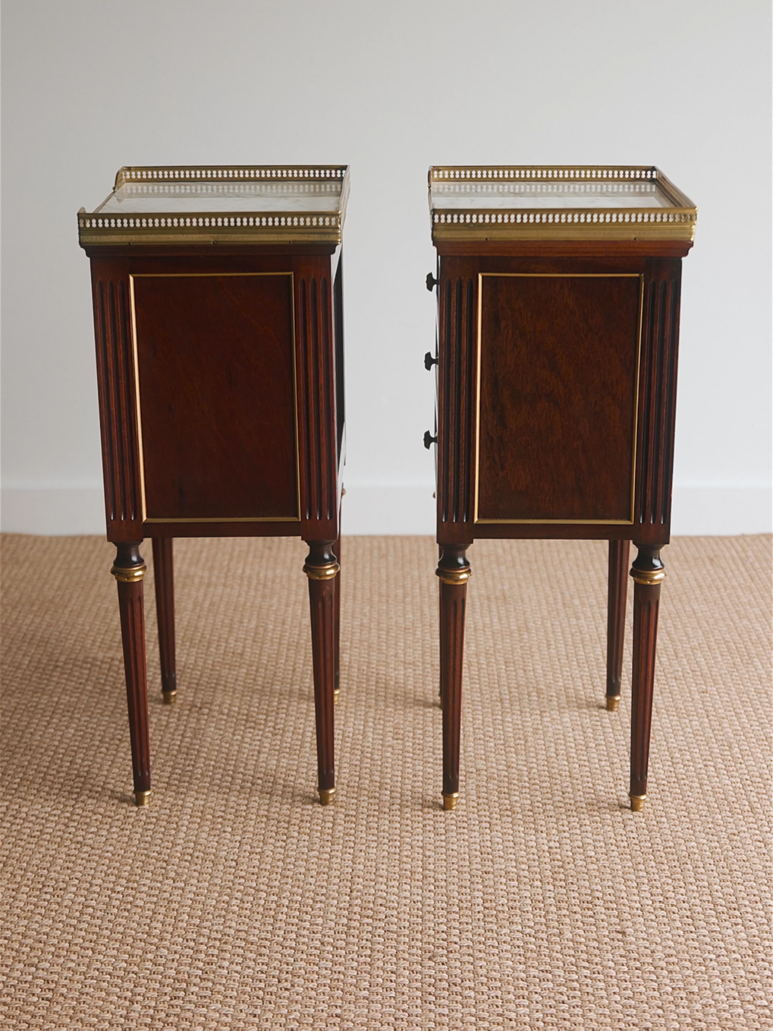 Pair of French Louis XVI–Style Nightstands With Marble Tops