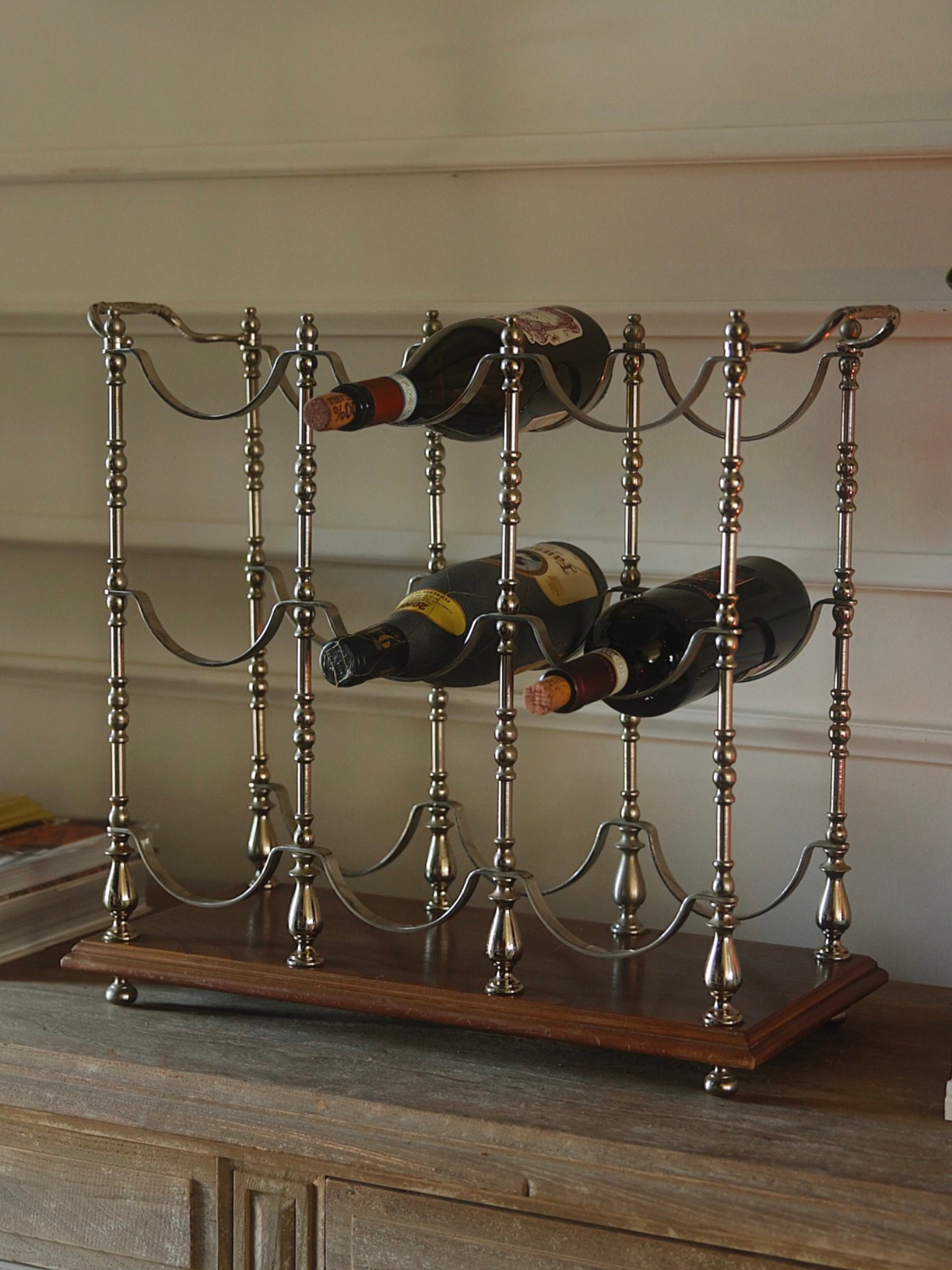 Mid-20th-Century European Metal Wine Rack on Wooden Base