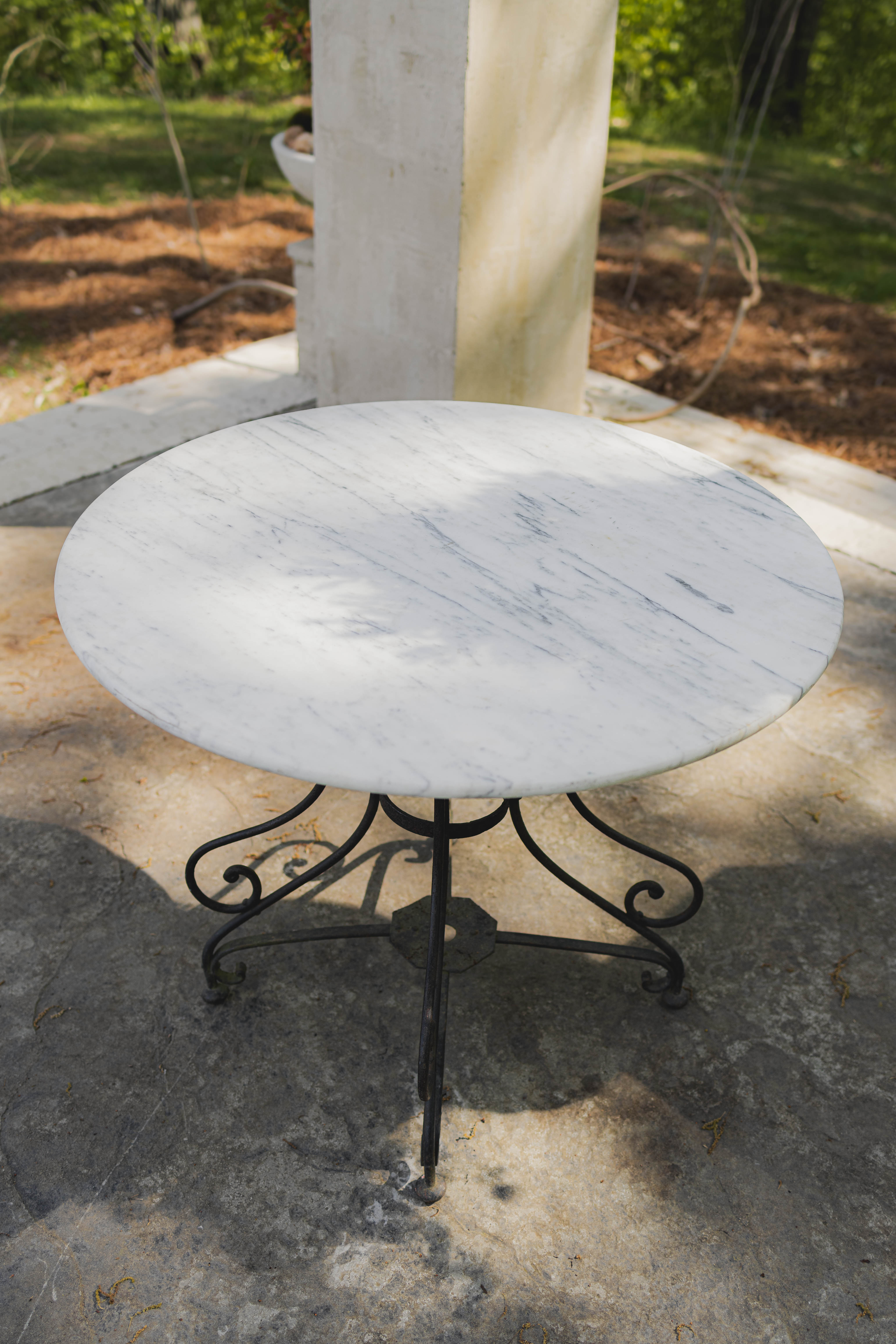 French Marble Top Garden Table with Scroll Iron Base