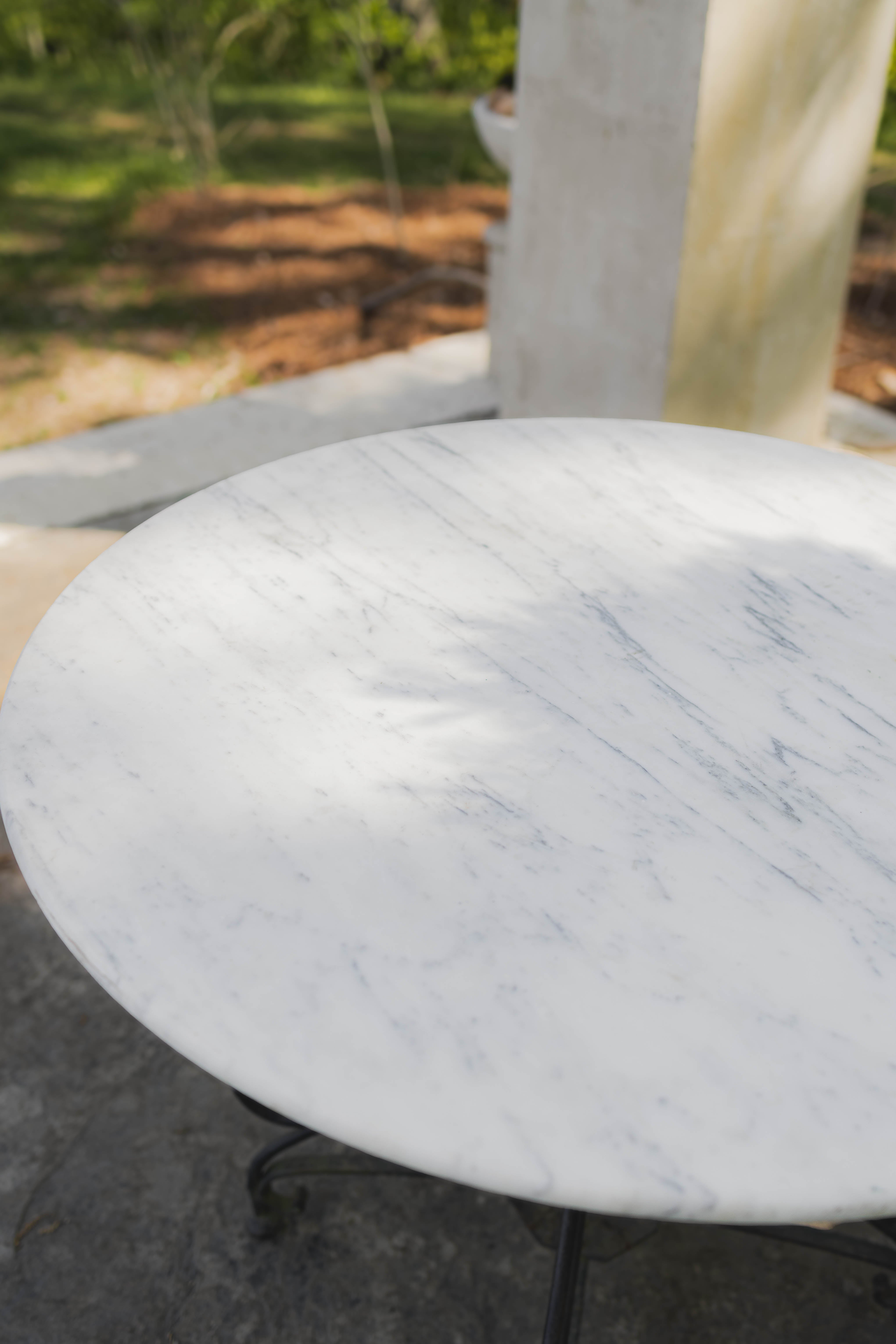 French Marble Top Garden Table with Scroll Iron Base