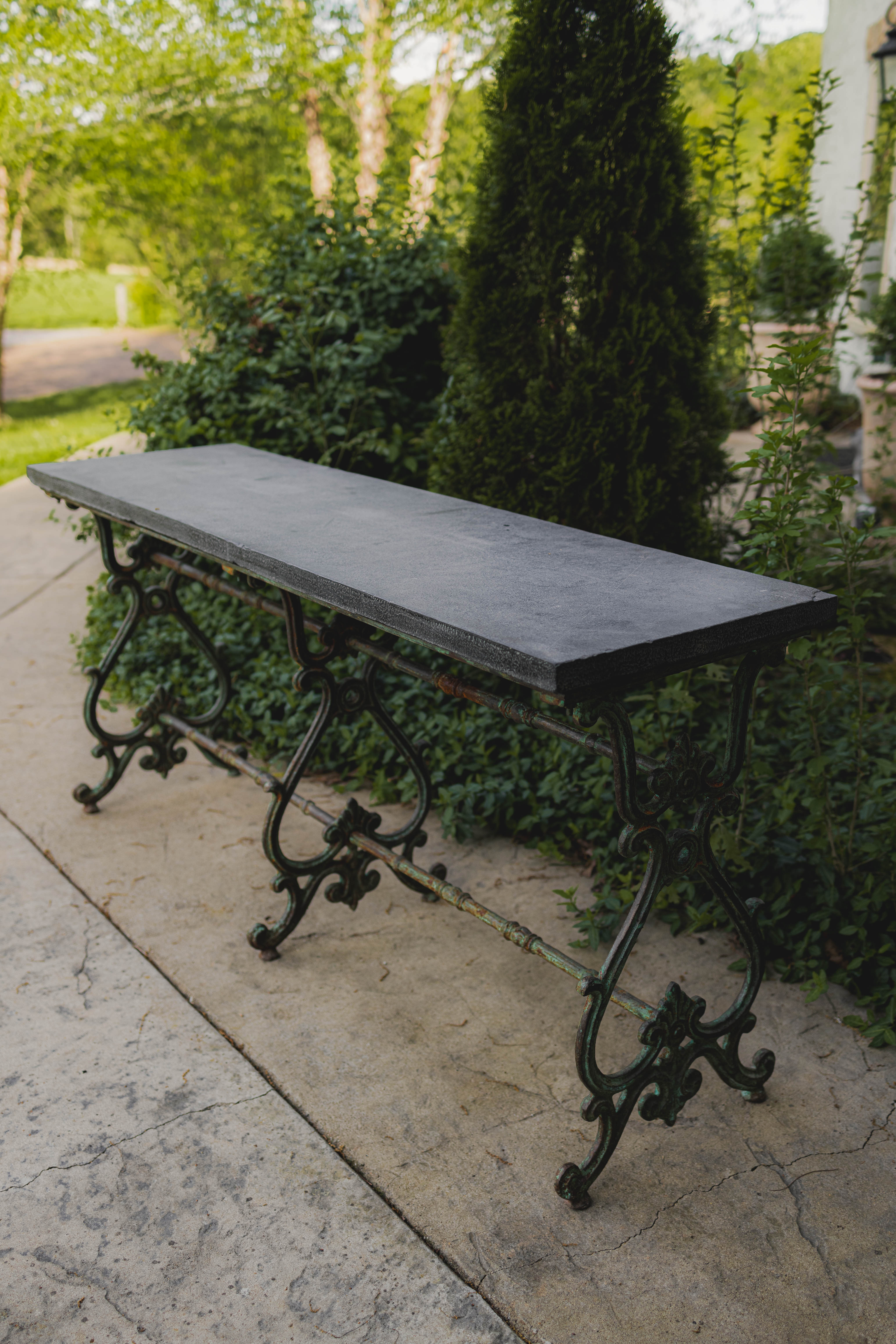 Antique Wrought Iron French Outdoor Console with Blue Stone Top