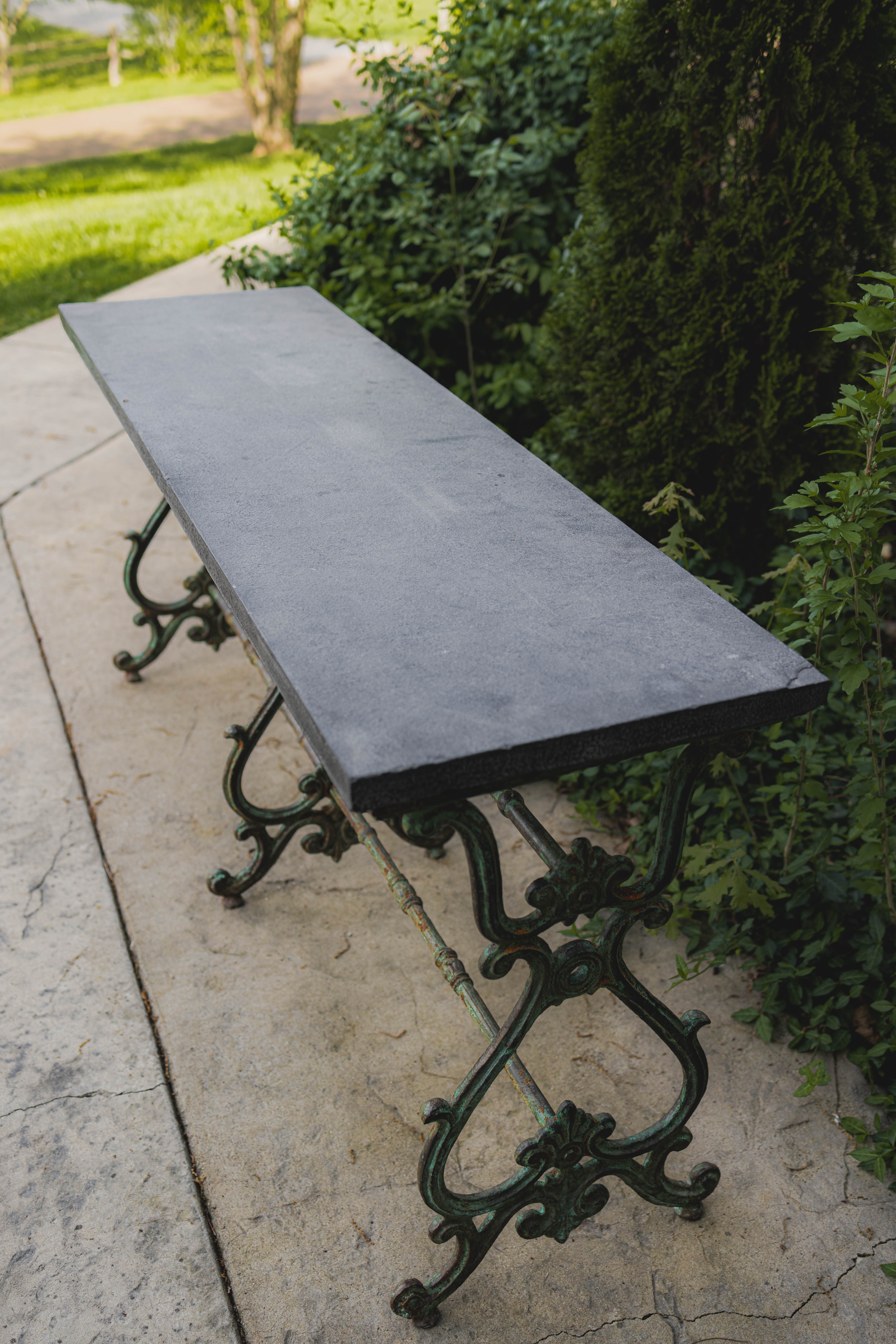 Antique Wrought Iron French Outdoor Console with Blue Stone Top