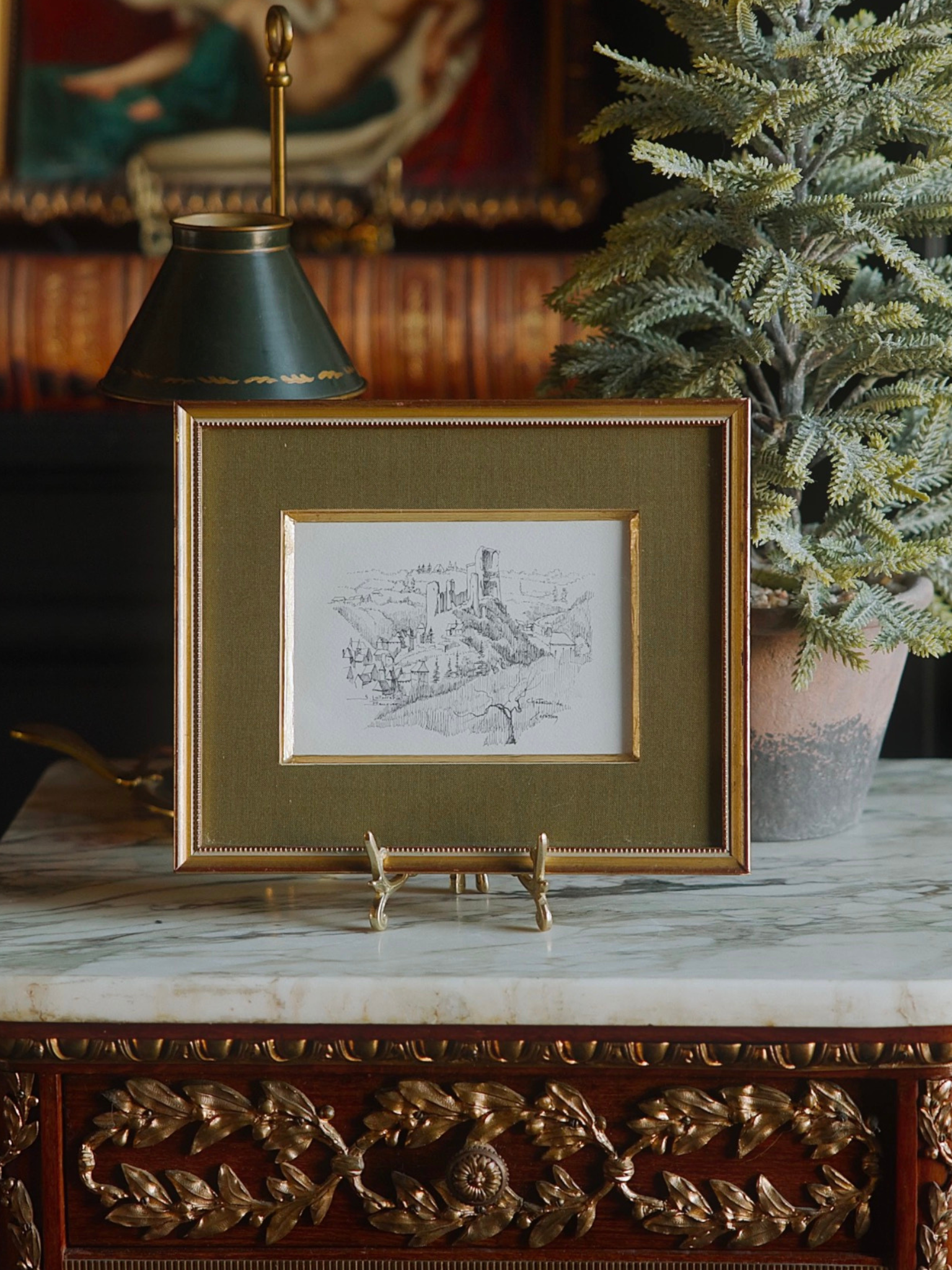 Early 20th-Century French Architectural Ink Drawing of a Medieval Hilltown, in Giltwood Frame