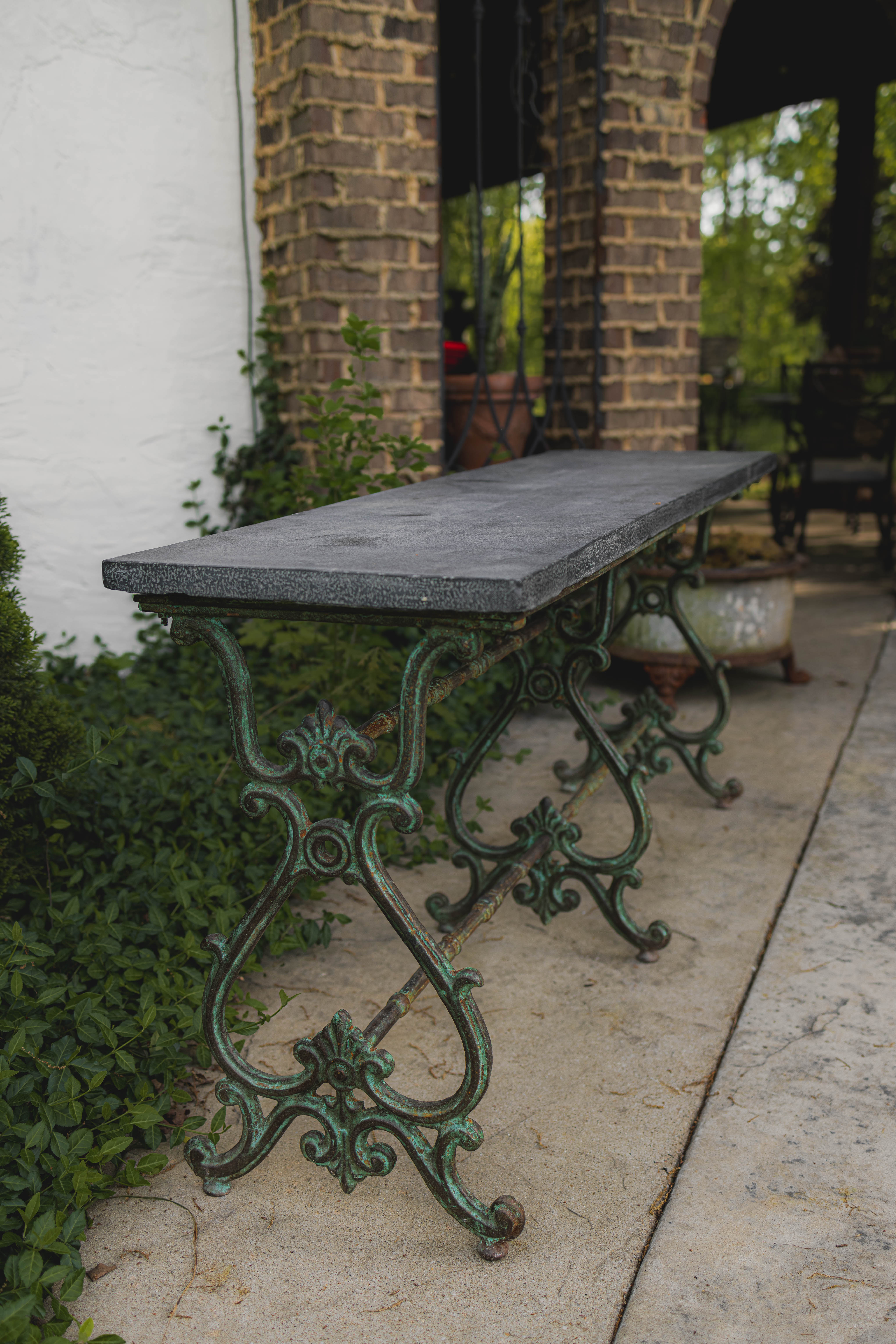 Antique Wrought Iron French Outdoor Console with Blue Stone Top