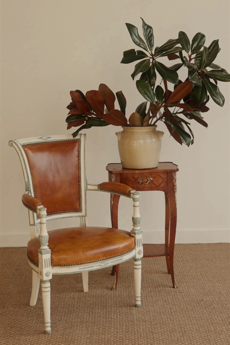 19th Century French Louis XVI–Style Painted Fauteuil with Leather Upholstery