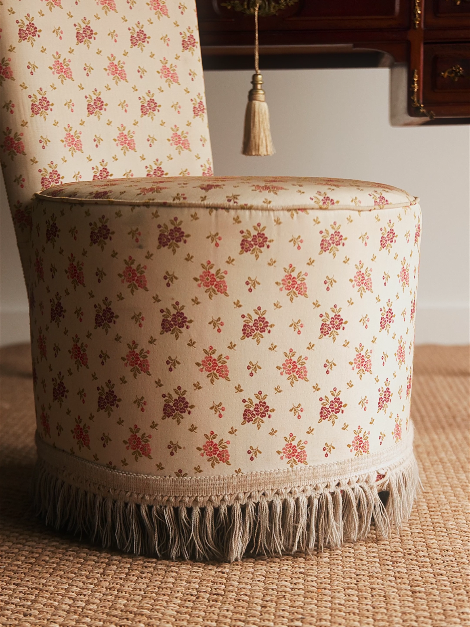 French Trifold Mirrored Vanity With Bronze Accents & Upholstered Chair