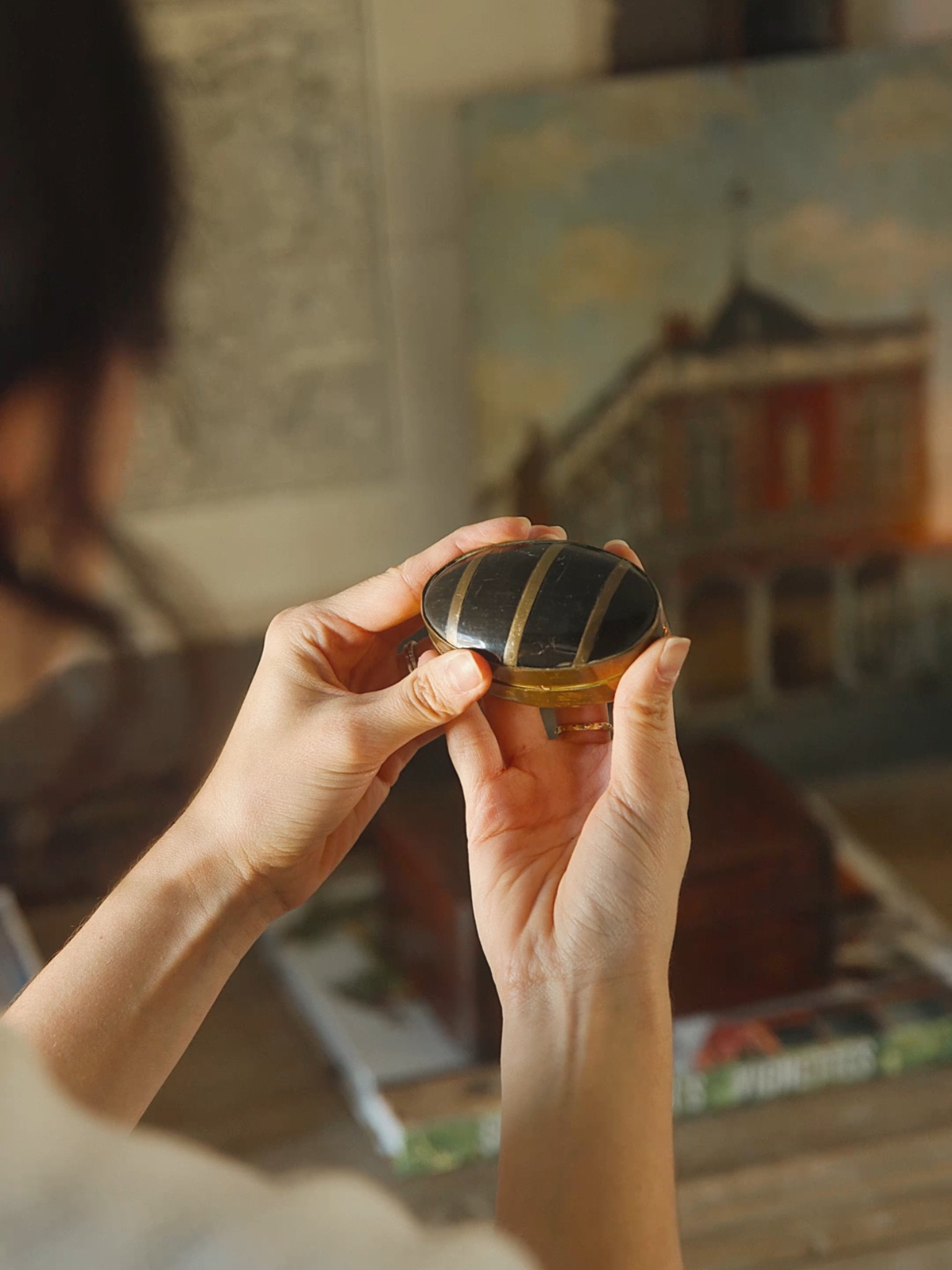 Antique Brass and Tortoiseshell Oval Trinket Box