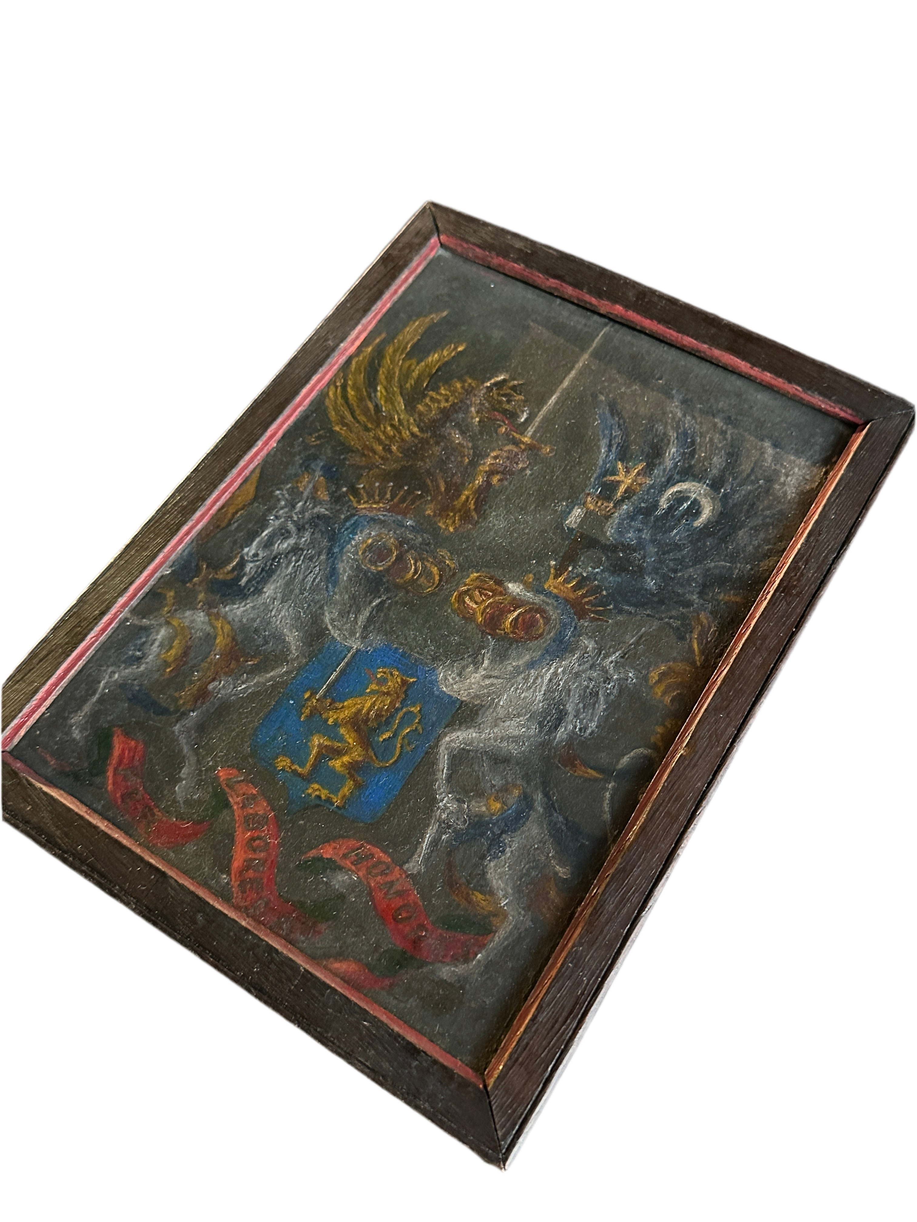 Antique Hand Painted Heraldic Wooden Crest in Frame