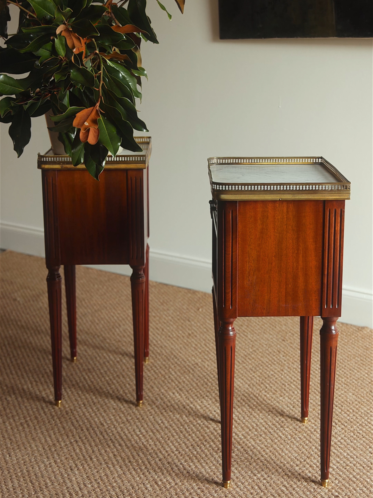 Pair of Louis XVI–Style Mahogany Nightstands with Carrara Marble Tops
