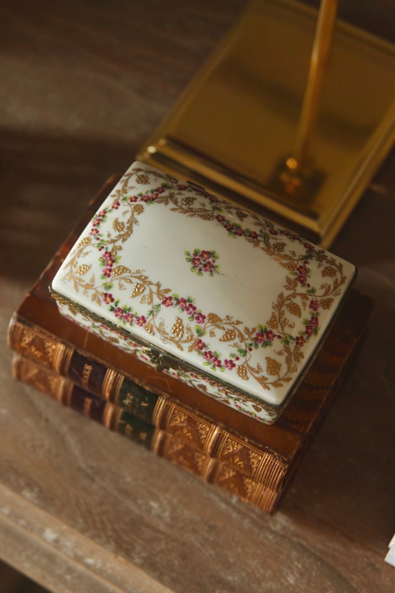 Hand-Painted French Limoges Porcelain Trinket Box with Original Retail Label - Handwritten Inscription
