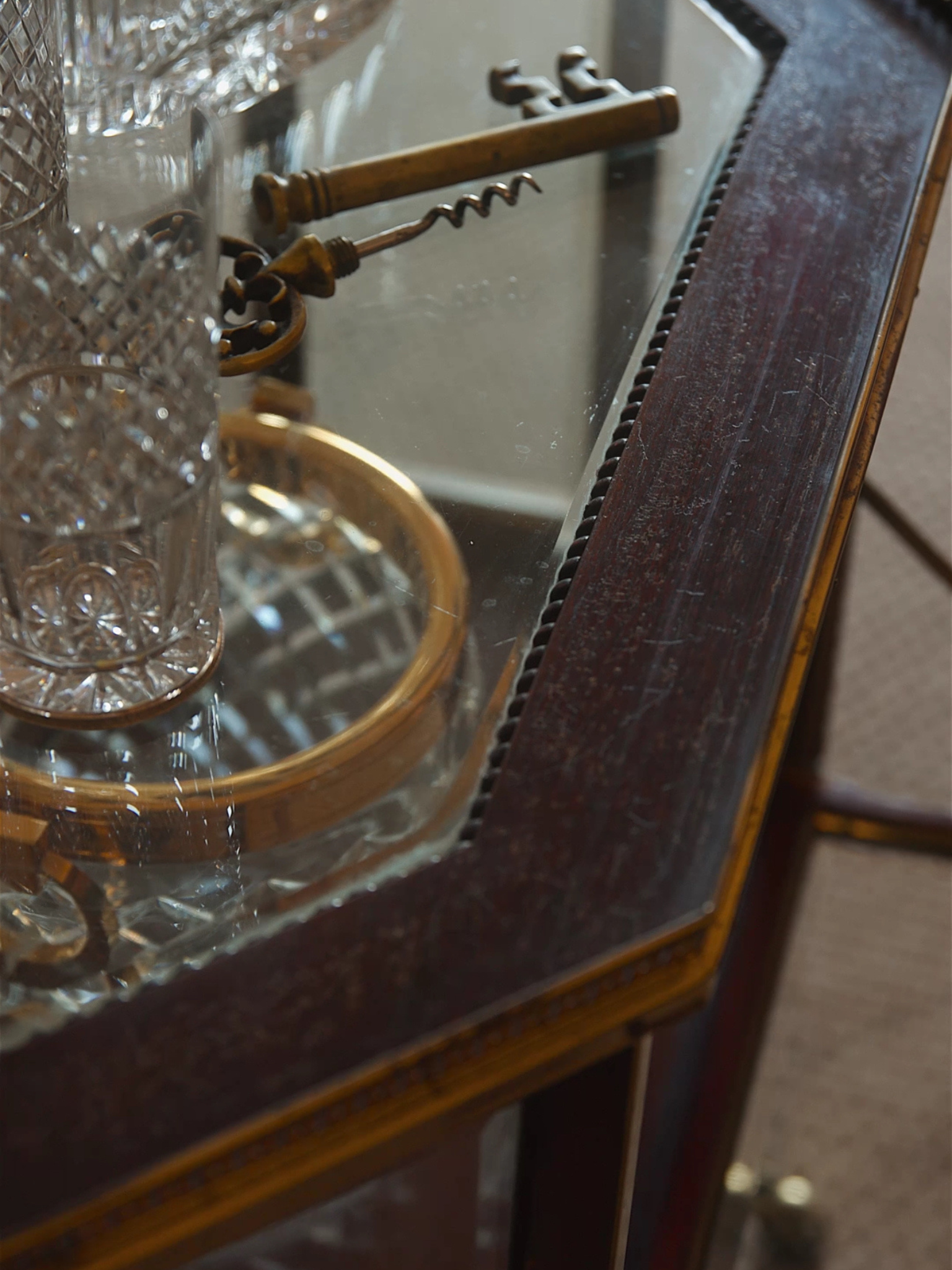 Antique Brass & Mahogany Bar Cart with Glass Display Panels