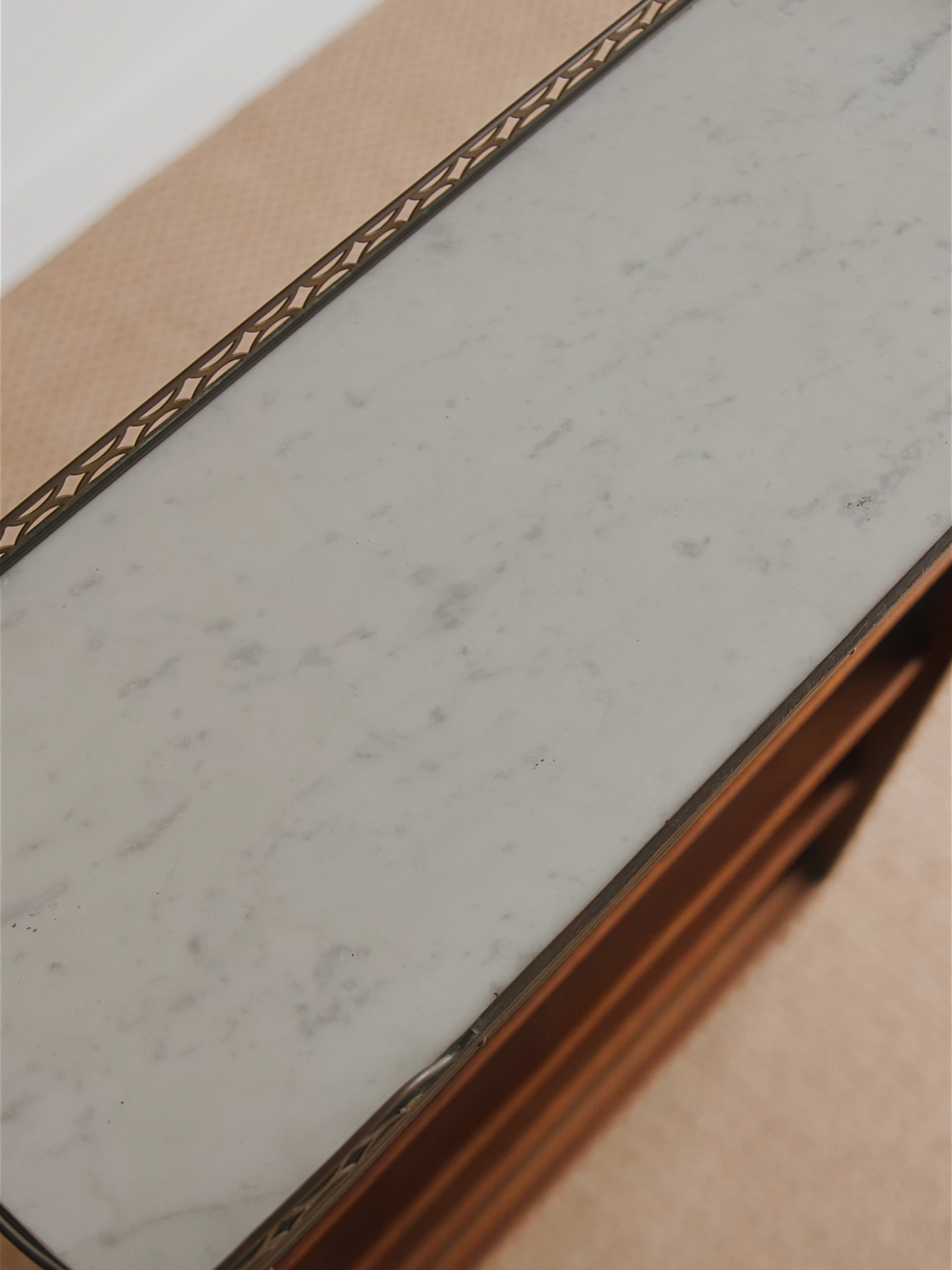 Pair of French Louis XVI–Style Mahogany Pier Cabinets With Marble Tops & Brass Galleried Rims