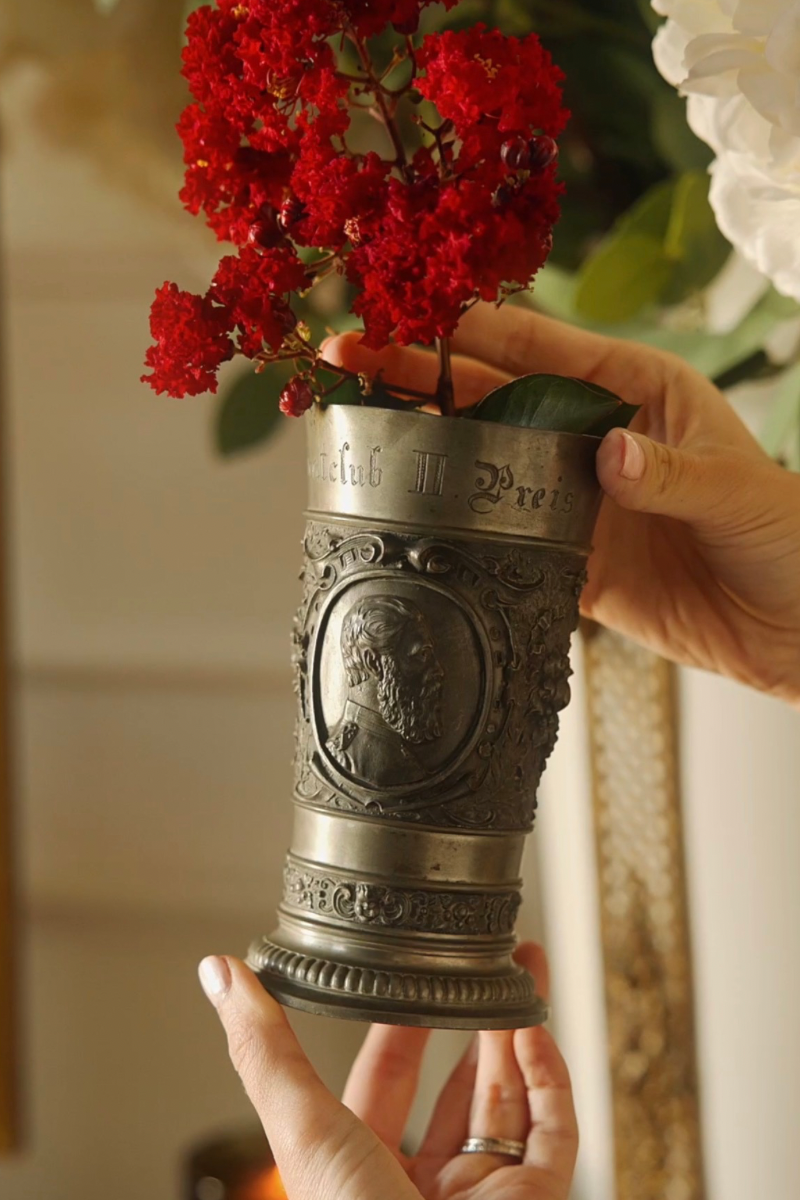 19th C. German Historismus Pewter Portrait Trophy or Commemorative Cup | Marked F. & M. N.