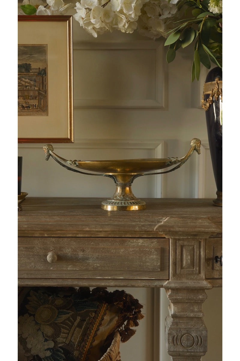 19th C. French Grand Tour Neoclassical Bronze Tazza with Classical Face Handles