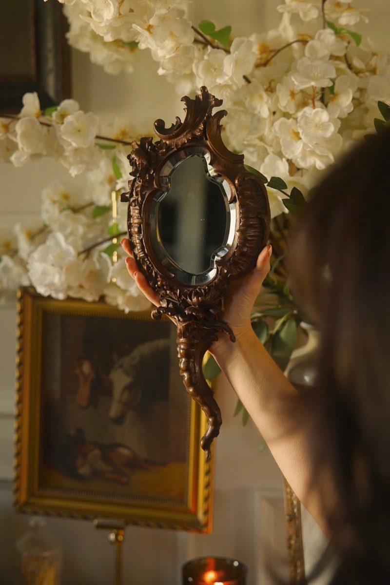 19th C. Hand Carved Black Forrest Hand Held Mirror