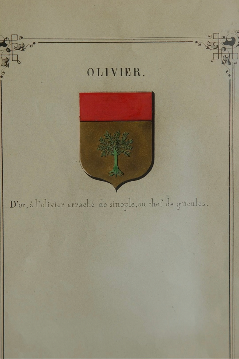 19th C. French Hand - Colored Heraldic Engraving - Armorial Study of the "Ottire" Family Crest