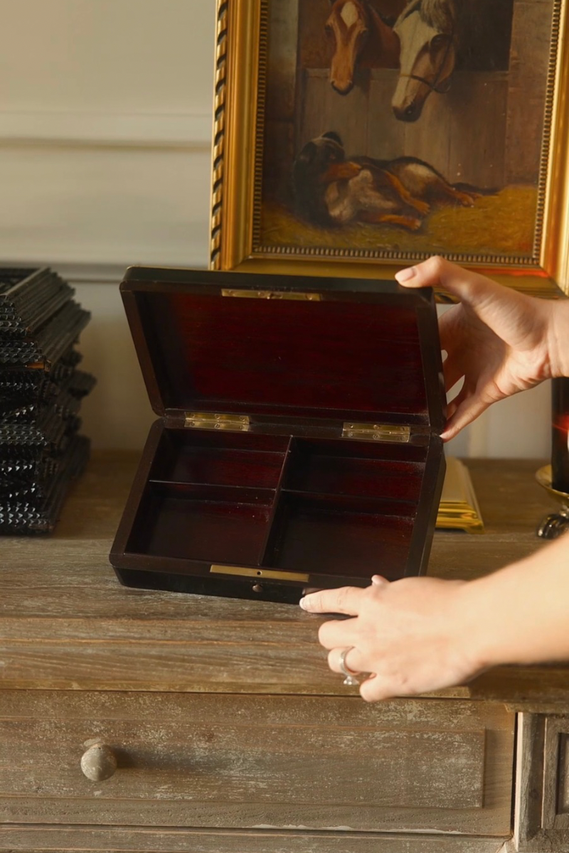 19th C. French Ebonized Writing Box With Brass Cartouche