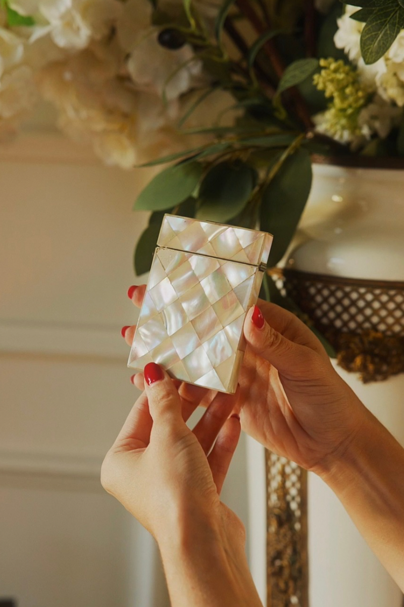 Mother-of-Pearl Calling Card Box with Diamond-Pattern Parquetry Inlay & Gold-Tone Metal Mounts