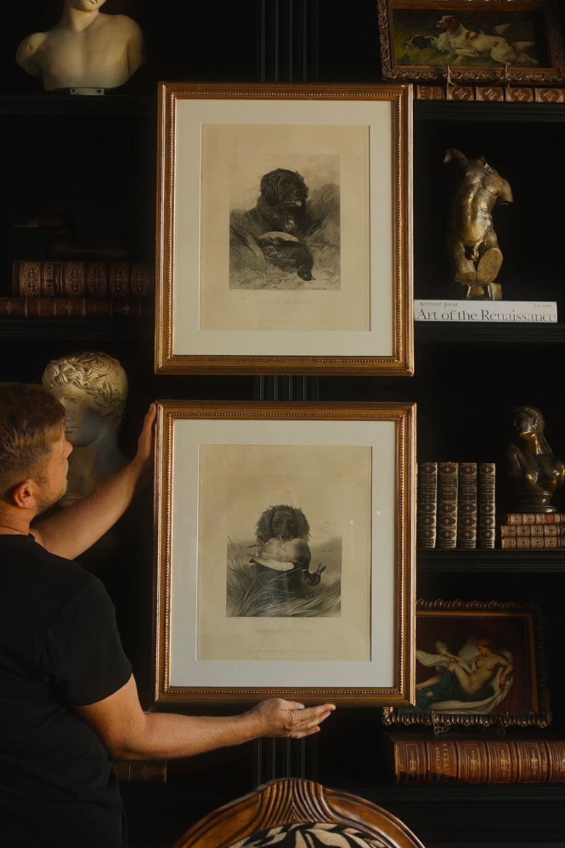 19th C. Set of Two Sporting Dog Hunting Engravings in Gilt Frames