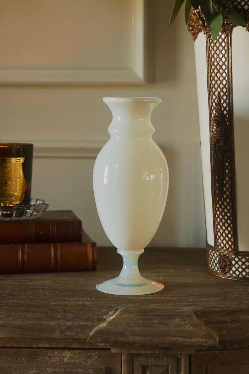 White Opaline Glass Baluster Vase with Flared Rim, Ringed Neck & Circular Pedestal Foot