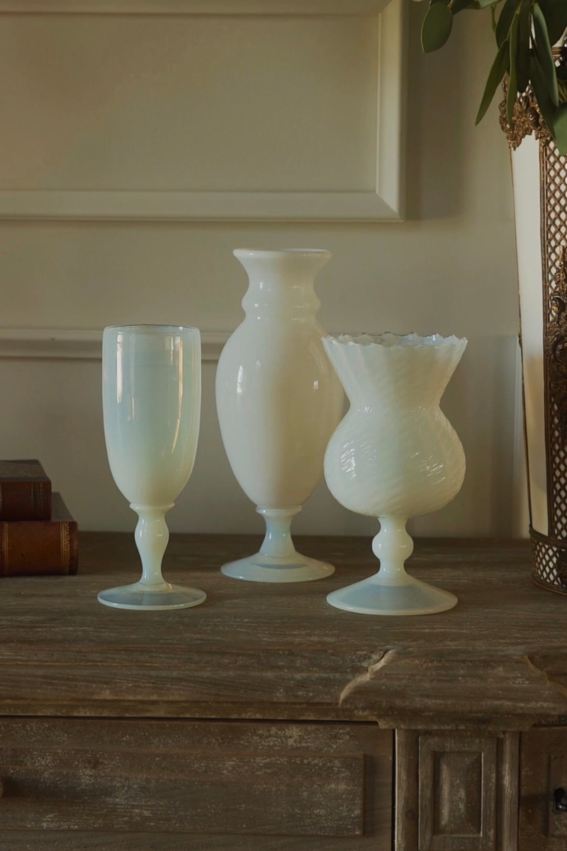 Pale Opaline Glass Pedestal Vase with Spiral-Ribbed Body