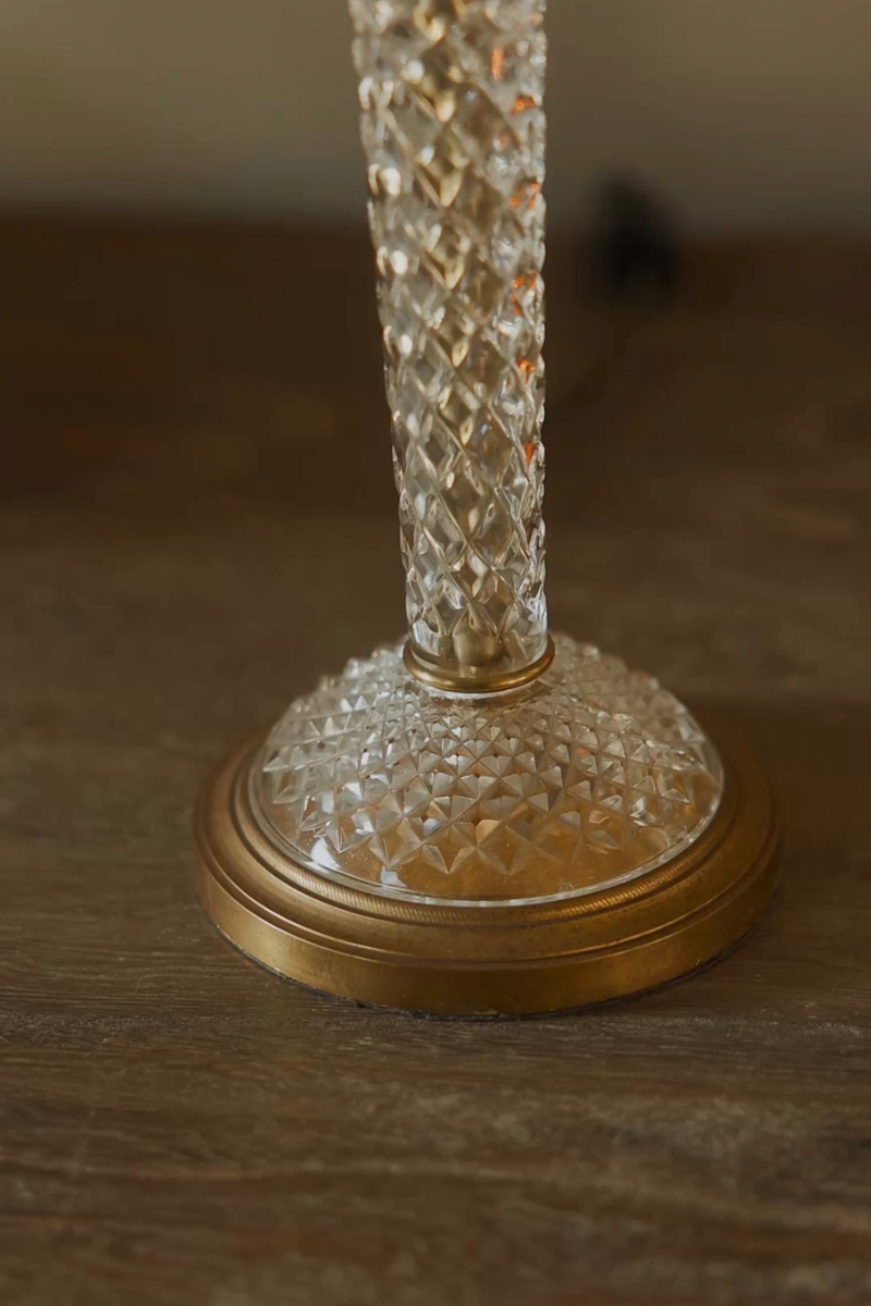 Faceted Crystal & Brass Candlestick Table Lamp with Pleated Shade