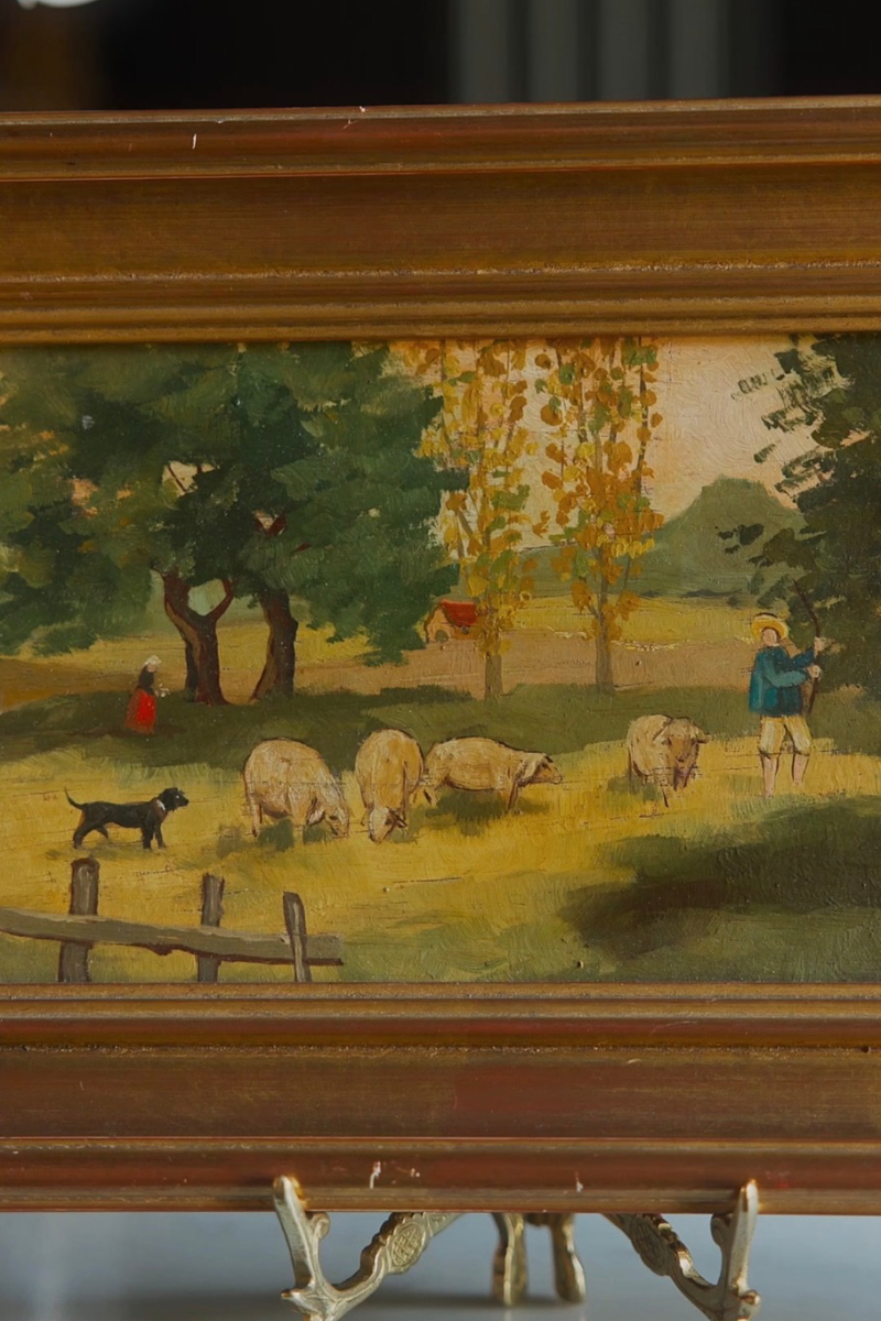 Pastoral Landscape Oil on Board with Shepherd, Grazing Sheep & Sheepdog in a Tree-Lined Meadow, in a Broad Gold-Finished Frame